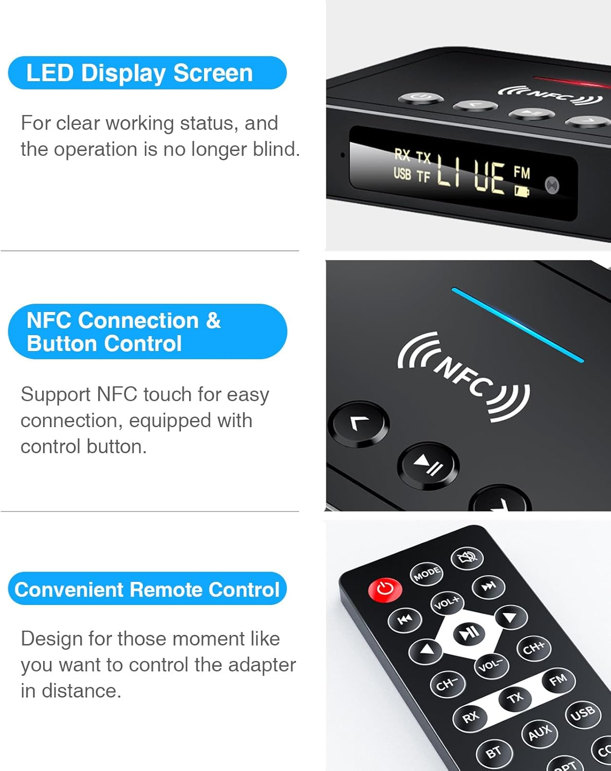 Schwarzer Adapter mit LED-Display, NFC-Symbol und Fernbedienung.