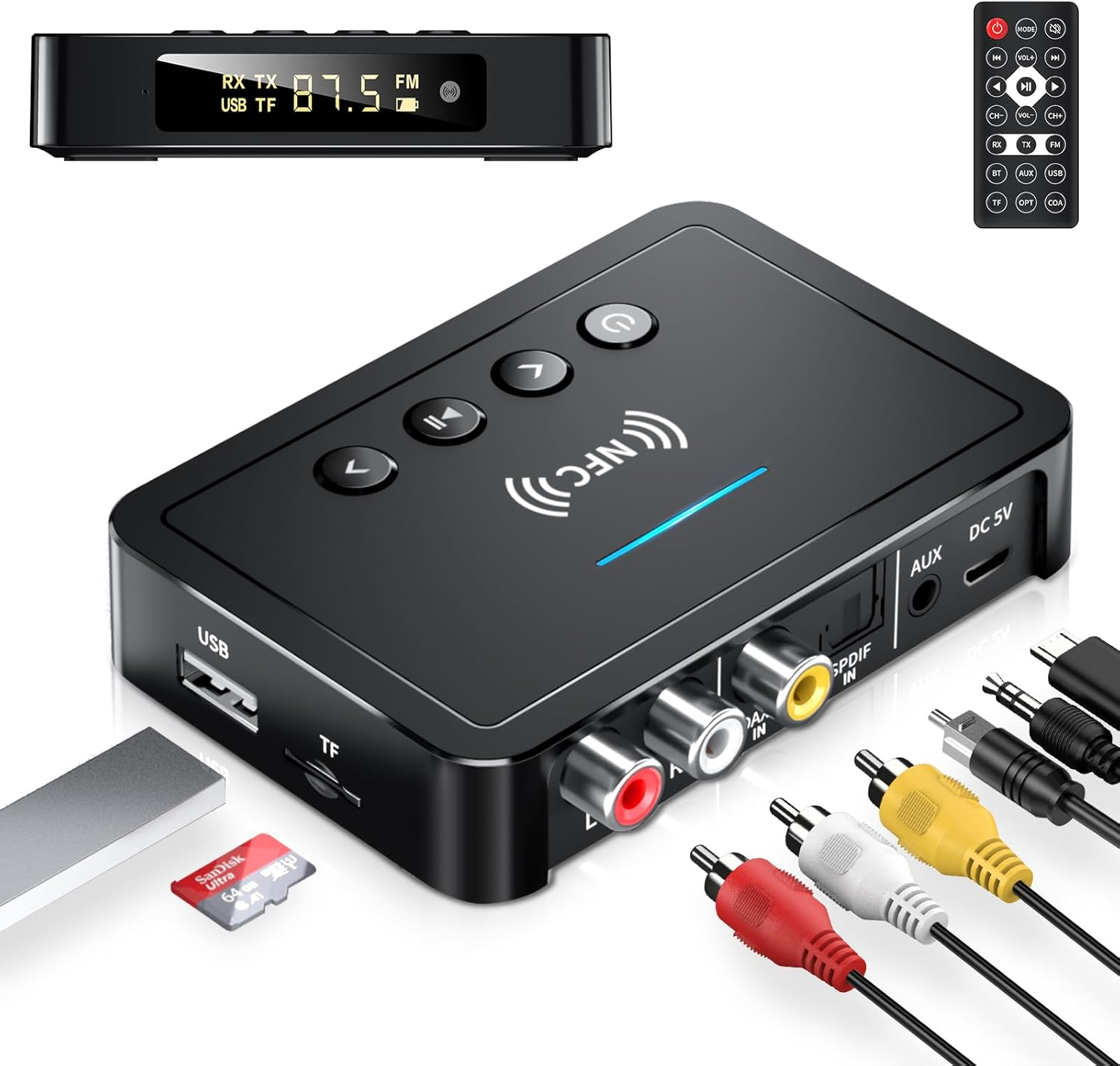 Schwarzer Bluetooth-Audioempfänger mit Fernbedienung, USB, TF-Karte und RCA-Kabeln.