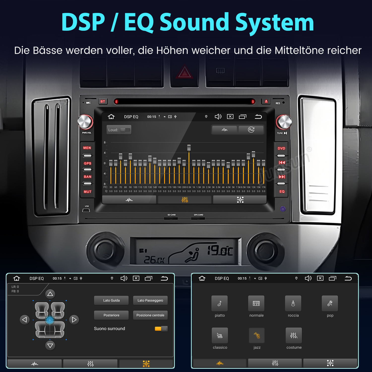 Ein Auto-Infotainmentsystem mit EQ-Anzeige, Surround-Sound-Optionen und Musik-Presets.