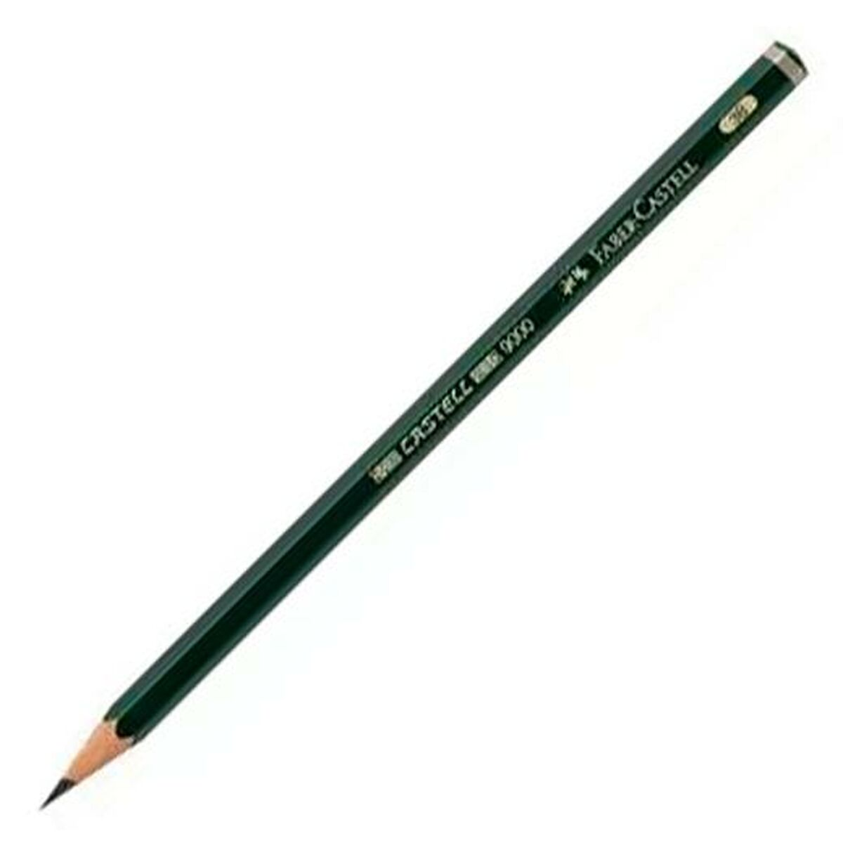 Ein angesptzter, dunkelgrüner Faber-Castell 9000 Bleistift mit goldener Schrift auf Weiß.