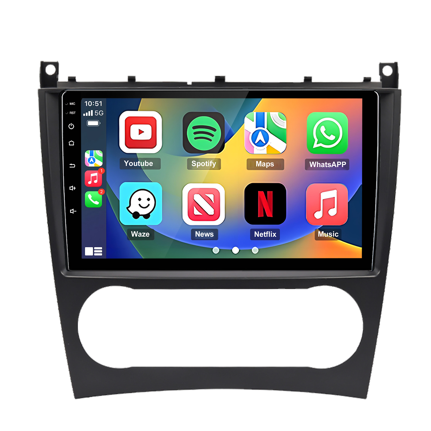 Auto-Infotainment-Bildschirm mit Apps wie Youtube, Spotify, Maps, WhatsApp, Waze, News, Netflix, Music.