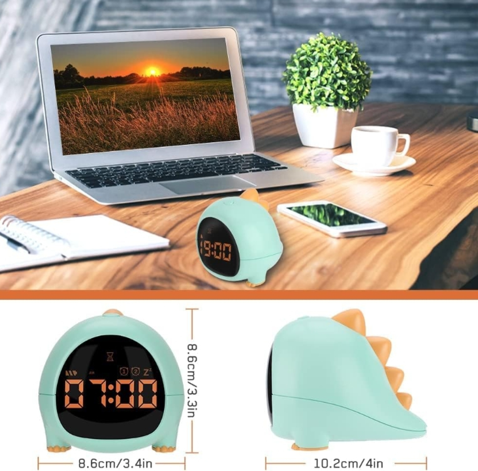 Ein mintgrüner Dino-Wecker mit digitaler Anzeige, daneben ein Laptop mit Sonnenuntergang.