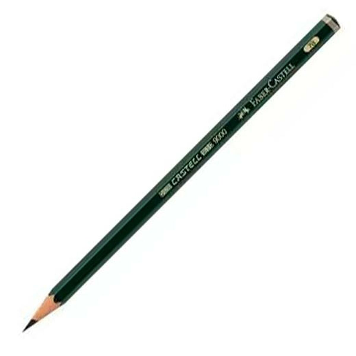Ein grüner Faber-Castell 9000 Bleistift mit spitzer Mine auf weißem Grund.