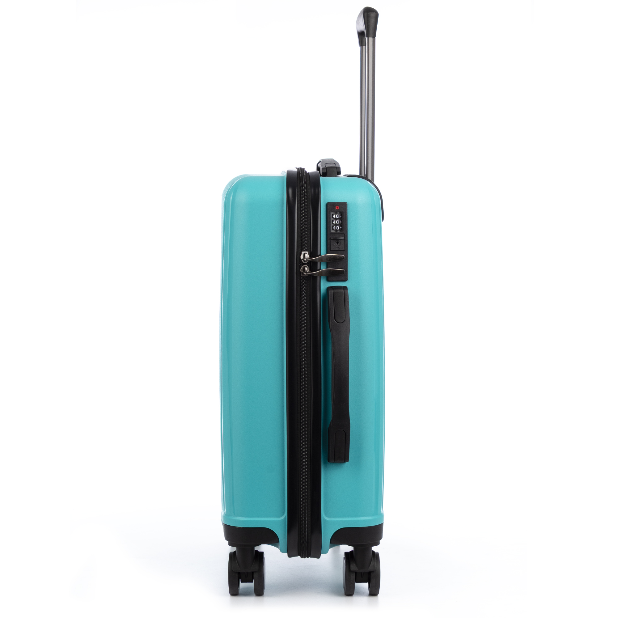 Una maleta turquesa con cerradura TSA y asa extensible.