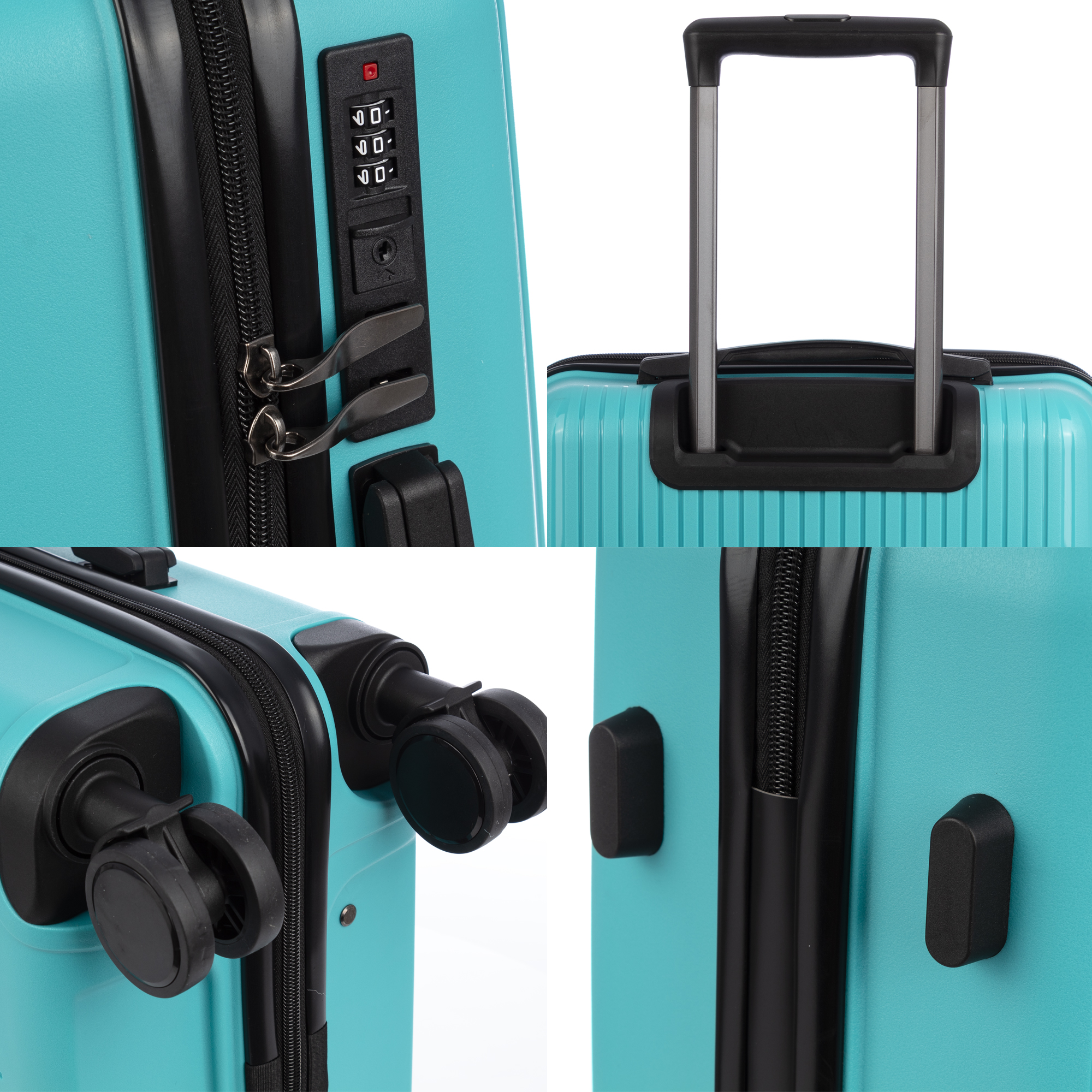Una maleta turquesa con detalles negros, ruedas y cerradura de combinación.