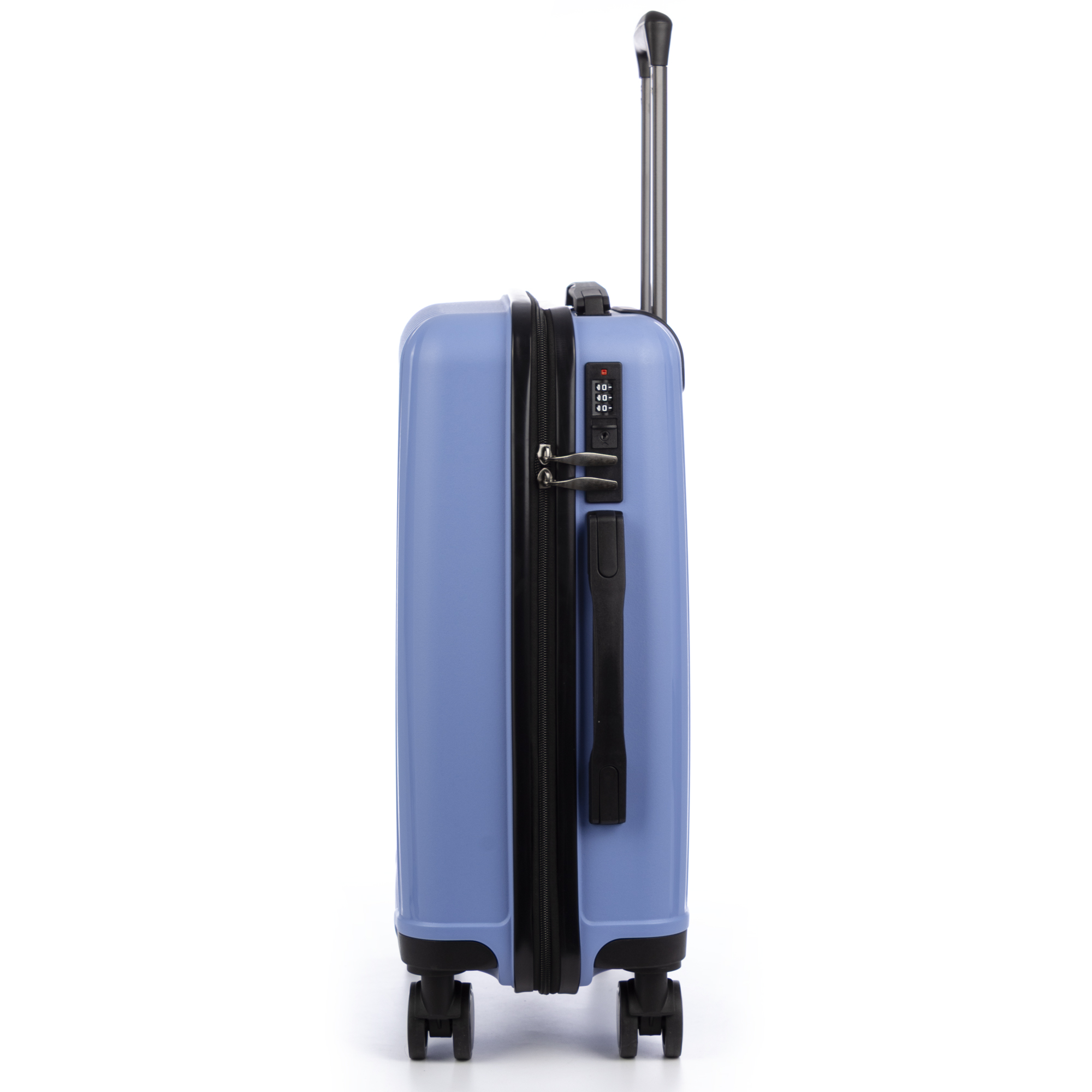 Una maleta de ruedas azul con asa plateada, cremallera negra y candado de combinación.