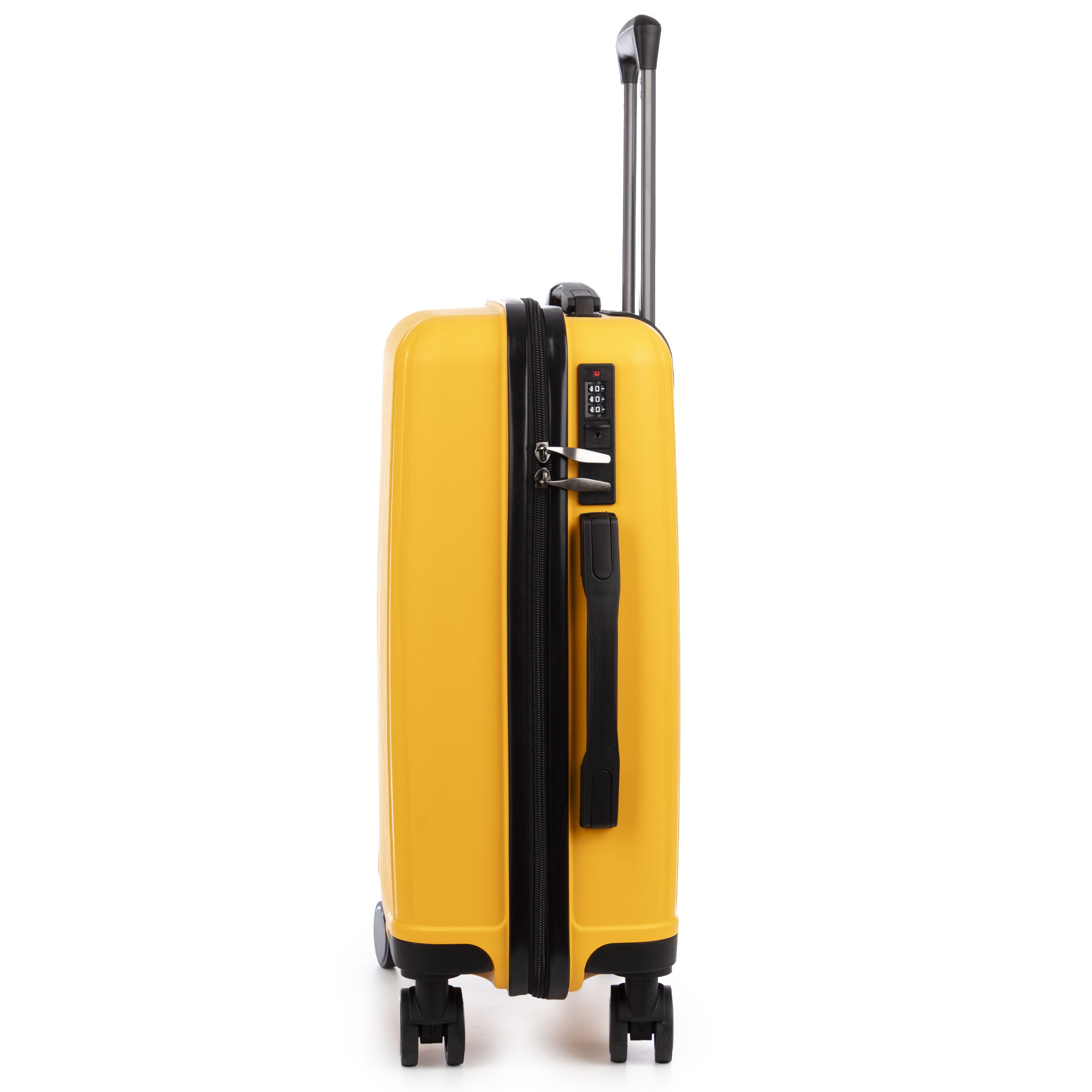 Una maleta amarilla con ruedas y asa extensible, con cerradura de combinación.