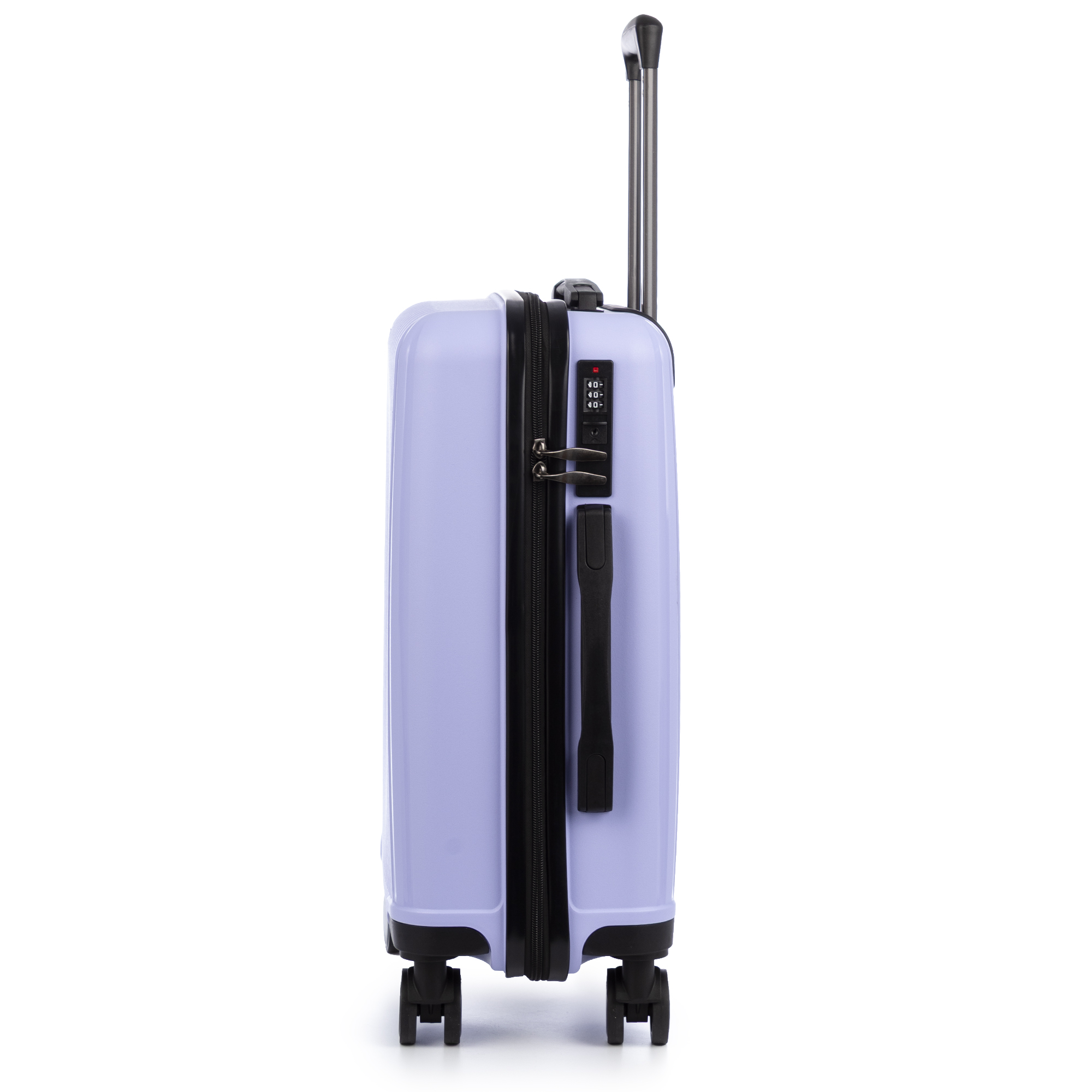 Un trolley de viaje lavanda con asa plateada y cremallera negra.