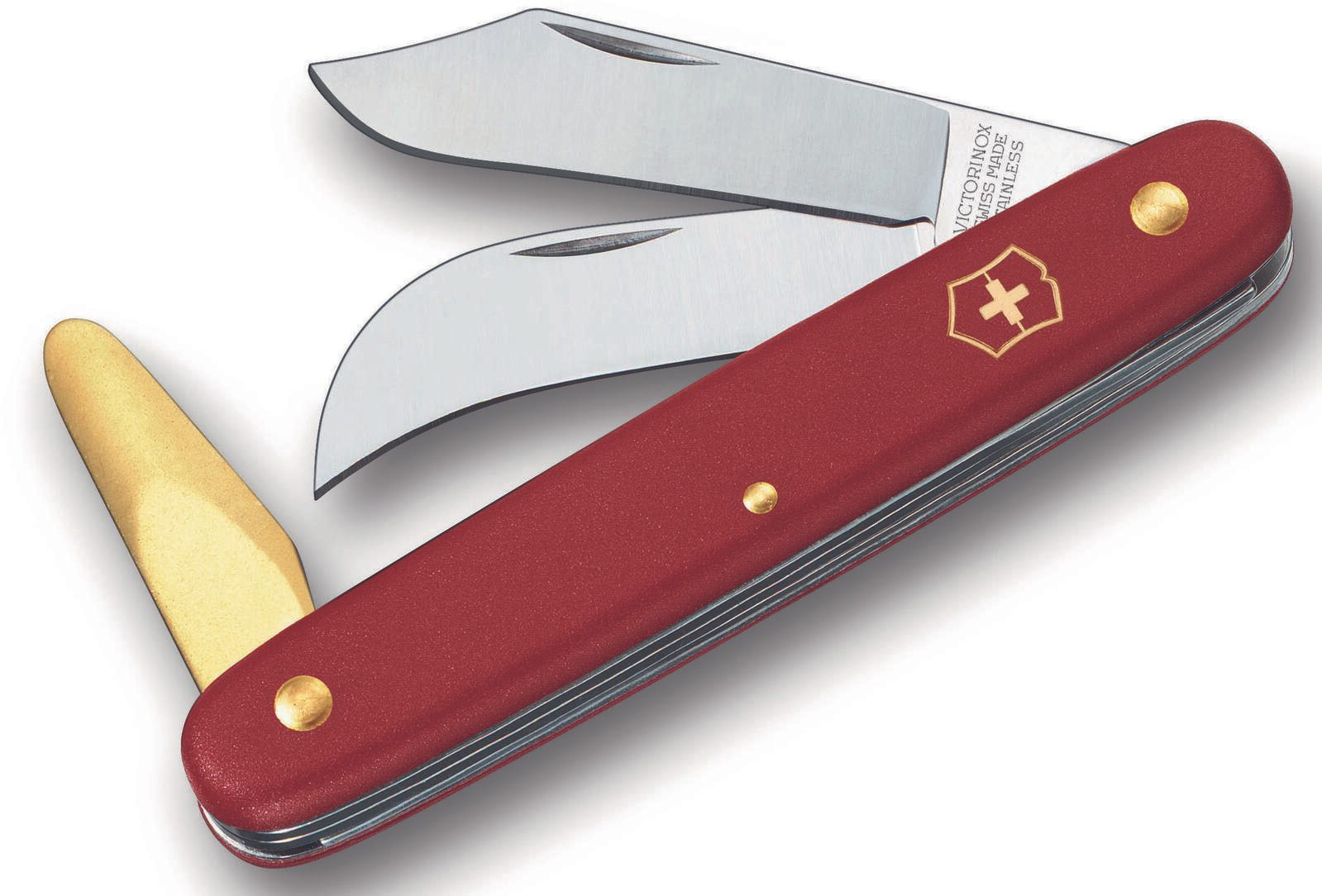 İki açık bıçaklı ve altın rengi aletli kırmızı bir Victorinox çakı.
