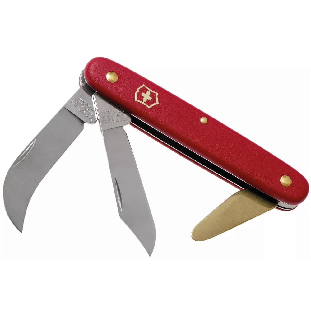 İki bıçaklı kırmızı çakı ve altın renkli alet. Victorinox logosu.