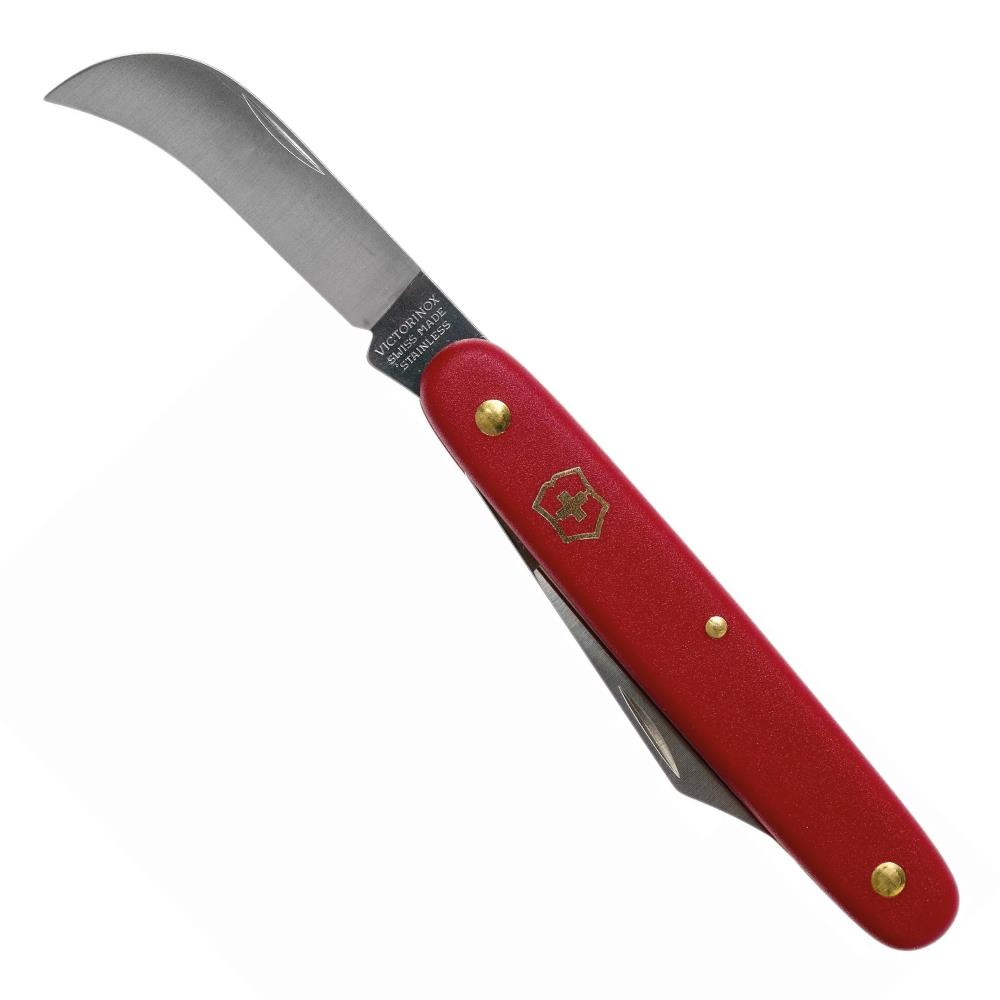 Kavisli bıçaklı kırmızı Victorinox çakı ve İsviçre haçı logosu.