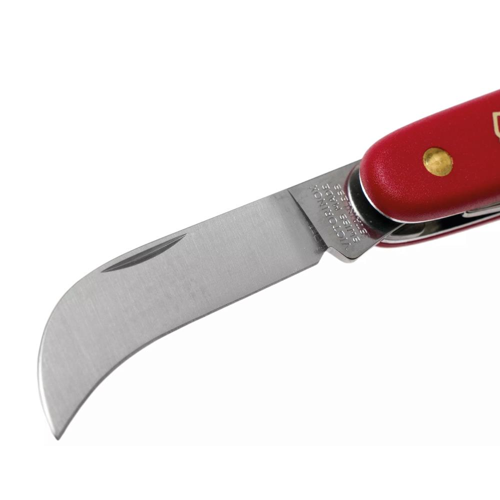 Paslanmaz çelik bıçaklı kırmızı bir Victorinox çakı.