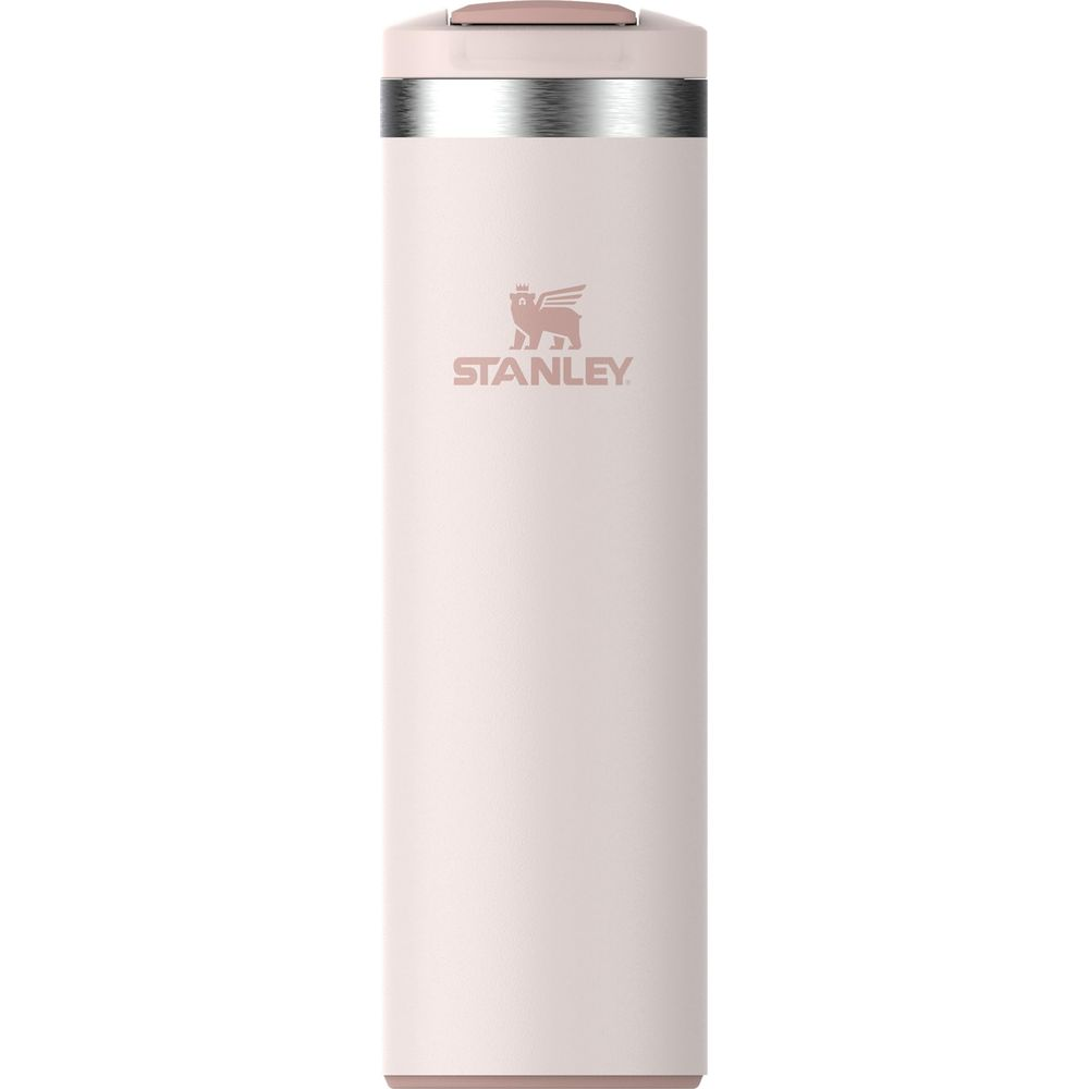 Stanley logosu ve gümüş bantlı, ince, soluk pembe bir bardak.
