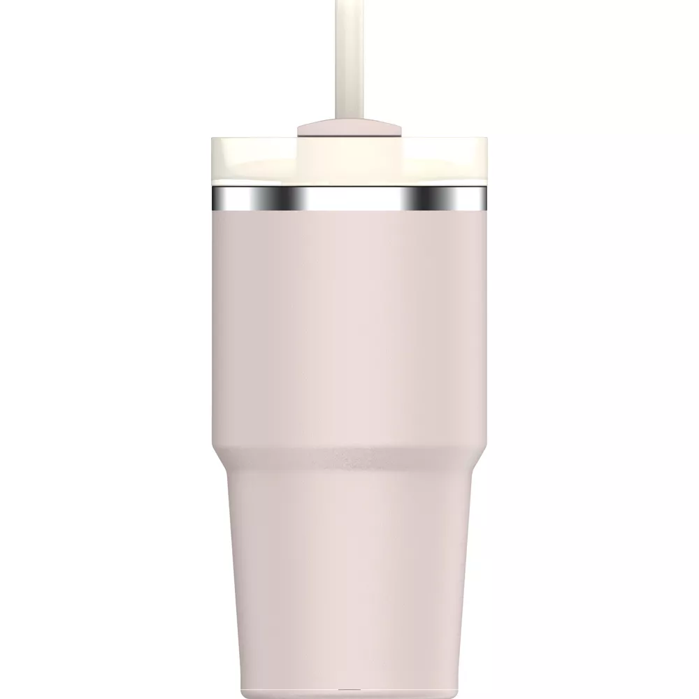 Beyaz pipetli, gümüş detaylı açık pembe bardak.