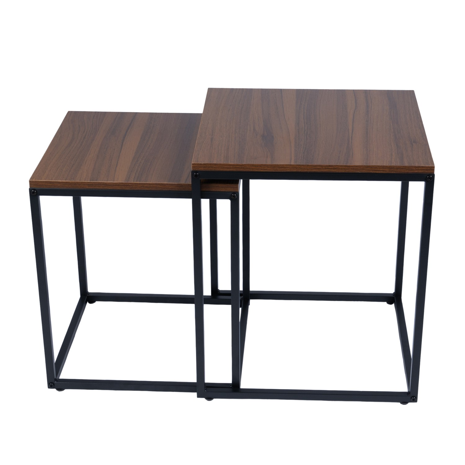 Dwa brązowe drewniane stoliki z czarnymi metalowymi ramami, jeden mniejszy od drugiego.