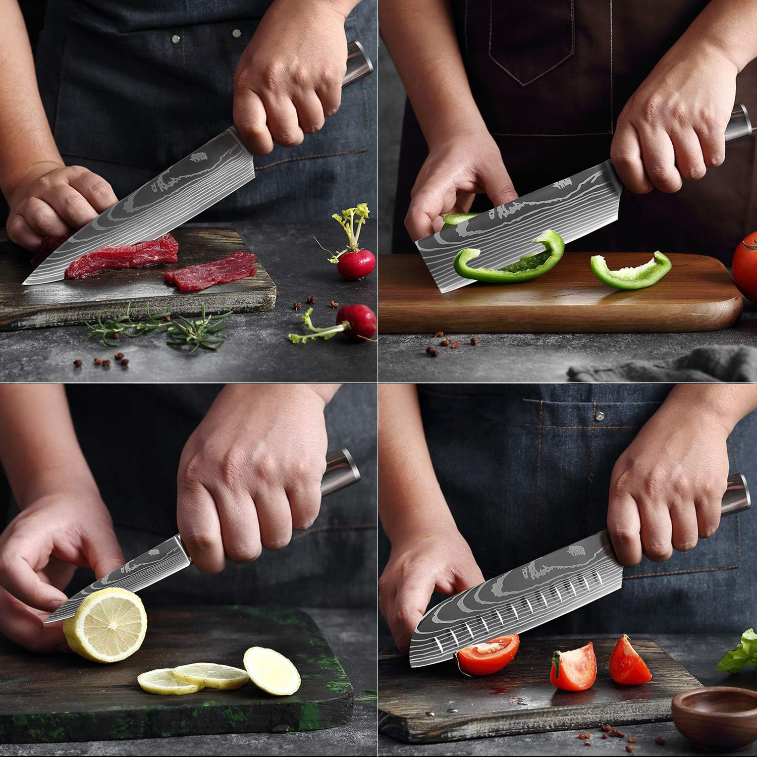 Cuatro imágenes muestran manos cortando con cuchillo Damasco: carne, pimiento, limón y tomates.