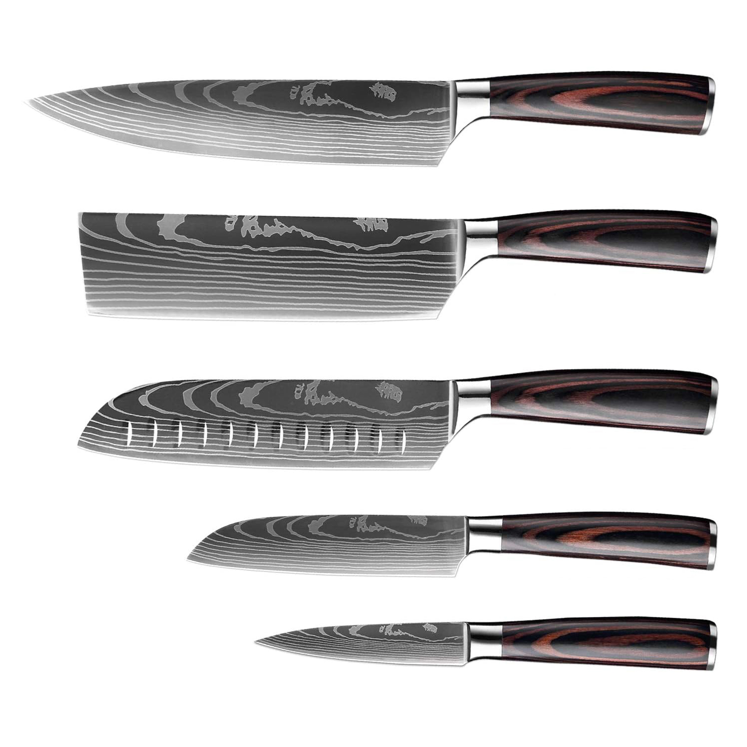 Un juego de cinco cuchillos de cocina con hojas de patrón Damasco y mangos de madera oscura.