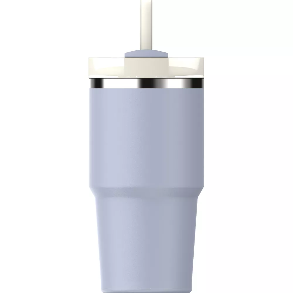 Krem kapaklı ve beyaz pipetli açık mavi bardak.