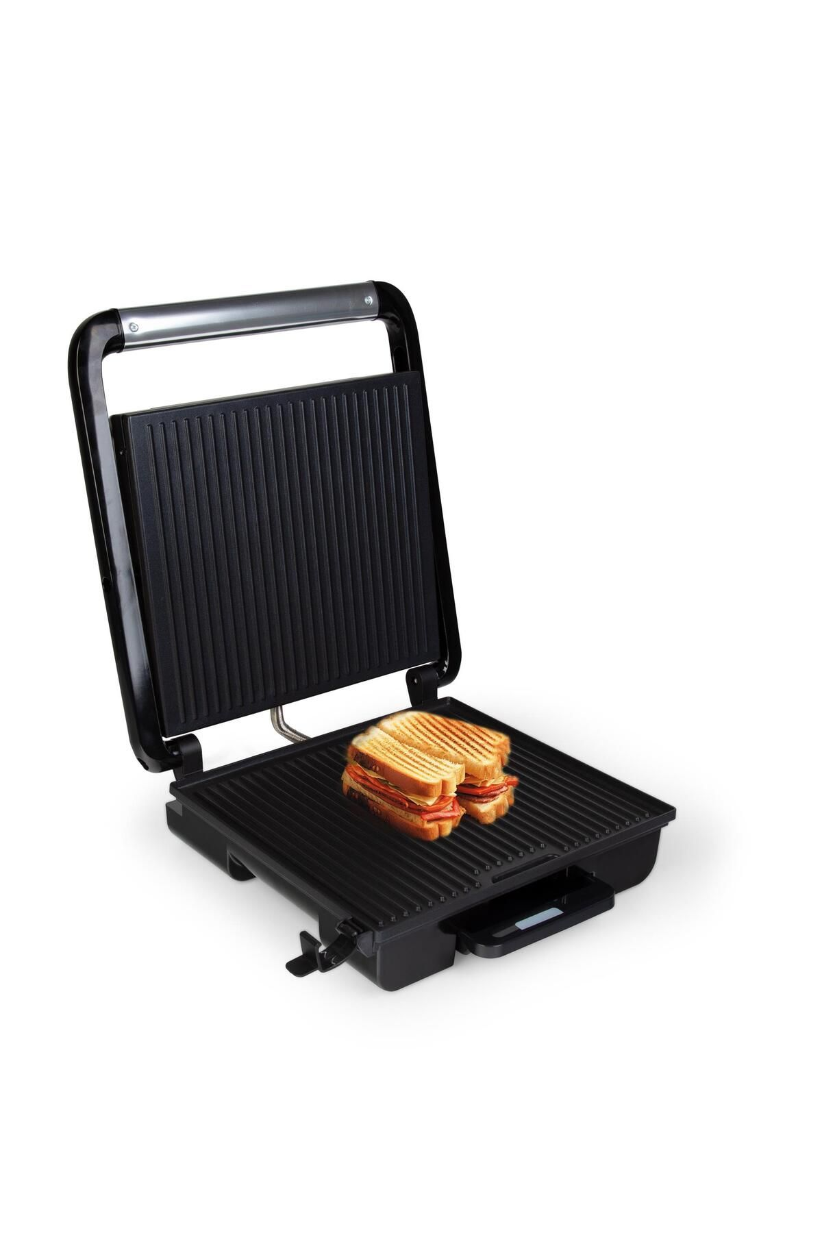 İki altın rengi jambonlu ve peynirli sandviçli açık tost makinesi.