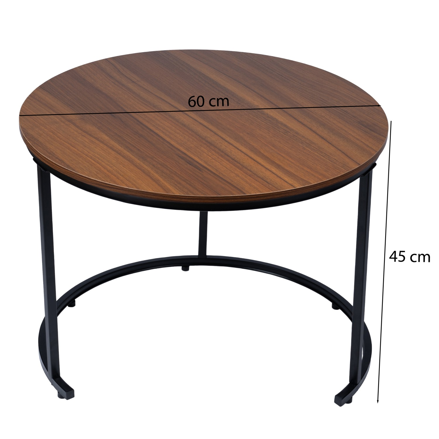 Okrągły drewniany stół z czarnymi metalowymi nogami, szerokość 60 cm, wysokość 45 cm.