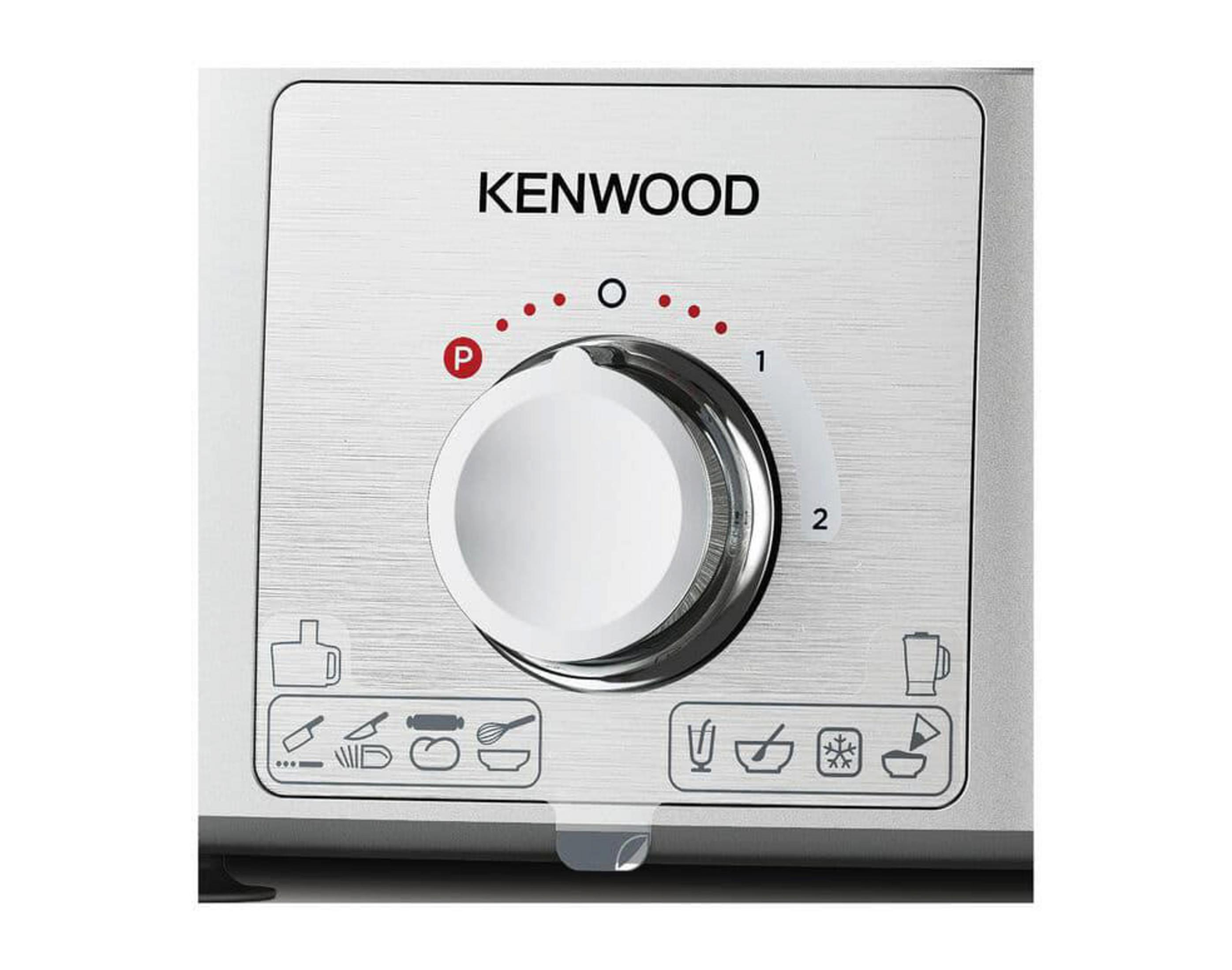 Pannello di controllo Kenwood con selettore, icone alimentari e impostazioni di velocità.