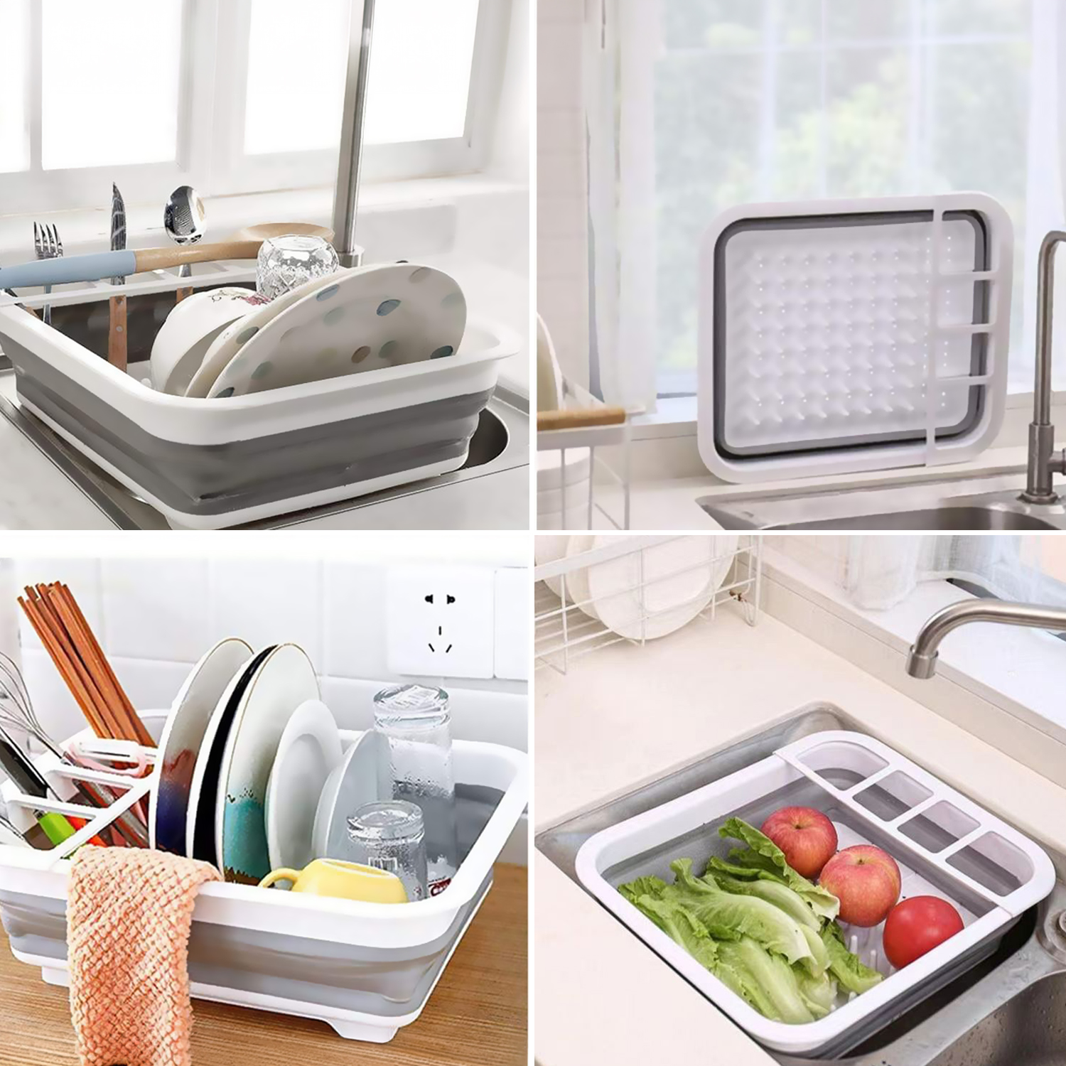 Un escurridor plegable con platos en un fregadero.