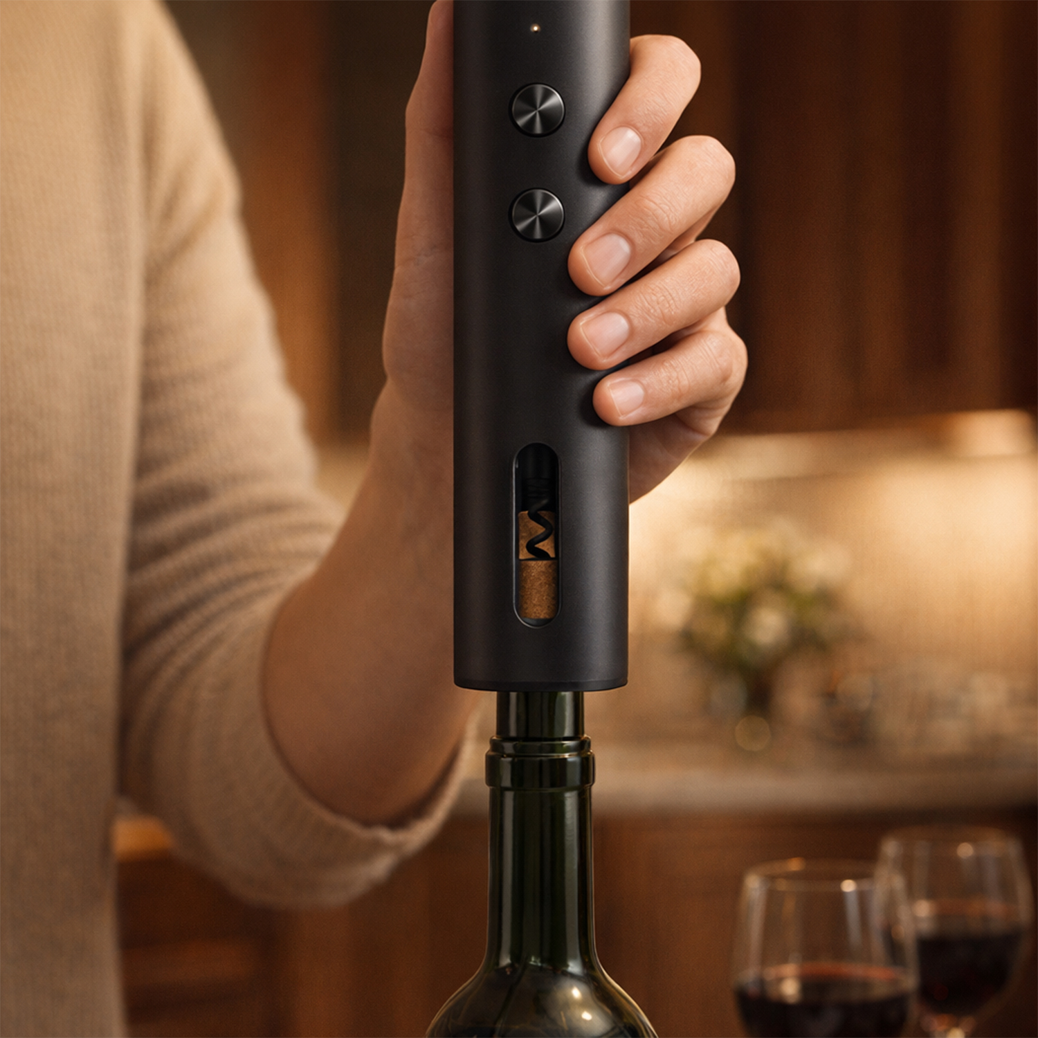 Una mano usa un sacacorchos eléctrico negro para quitar un corcho de una botella de vino.