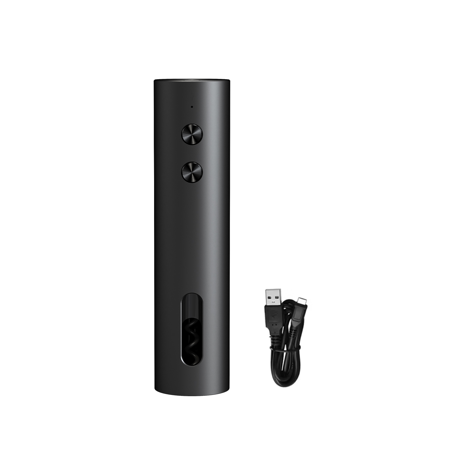 Un sacacorchos eléctrico negro con cable USB.