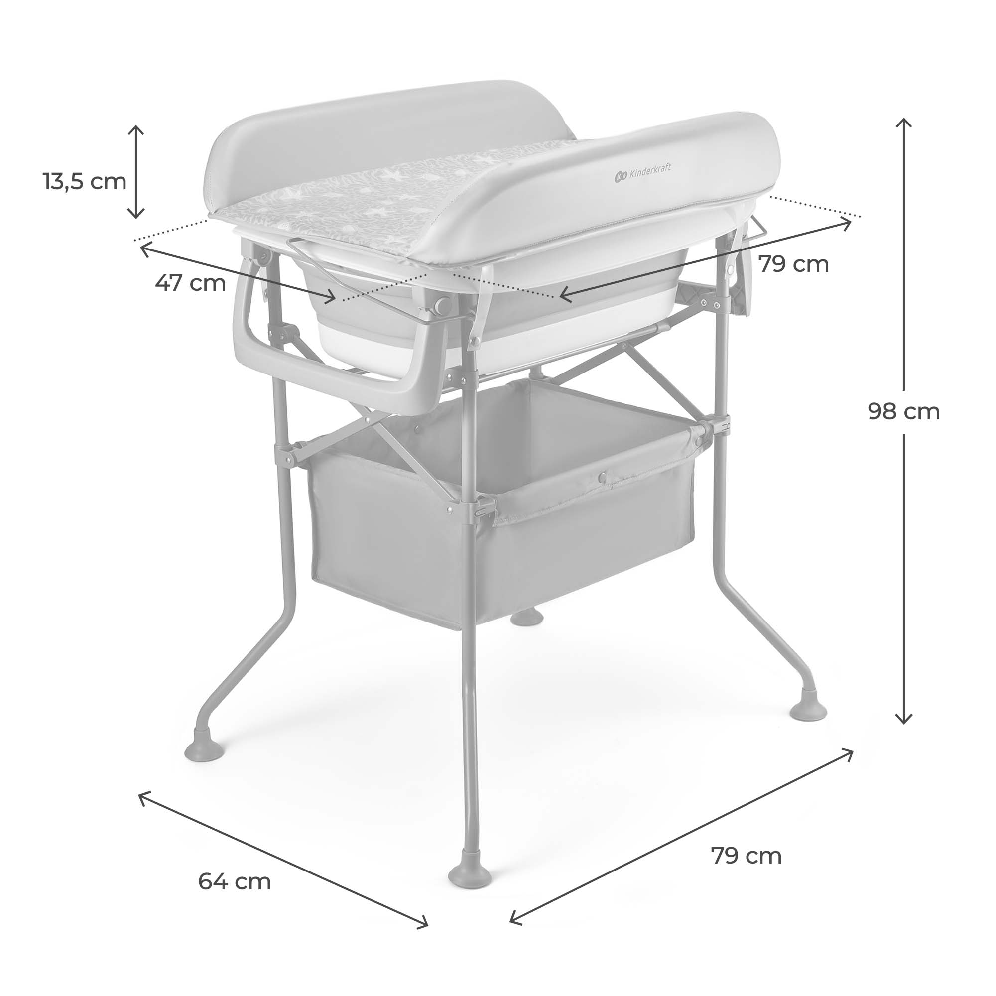 Baby-Wickeltisch mit Wanne, Maße angegeben. Graue Struktur.
