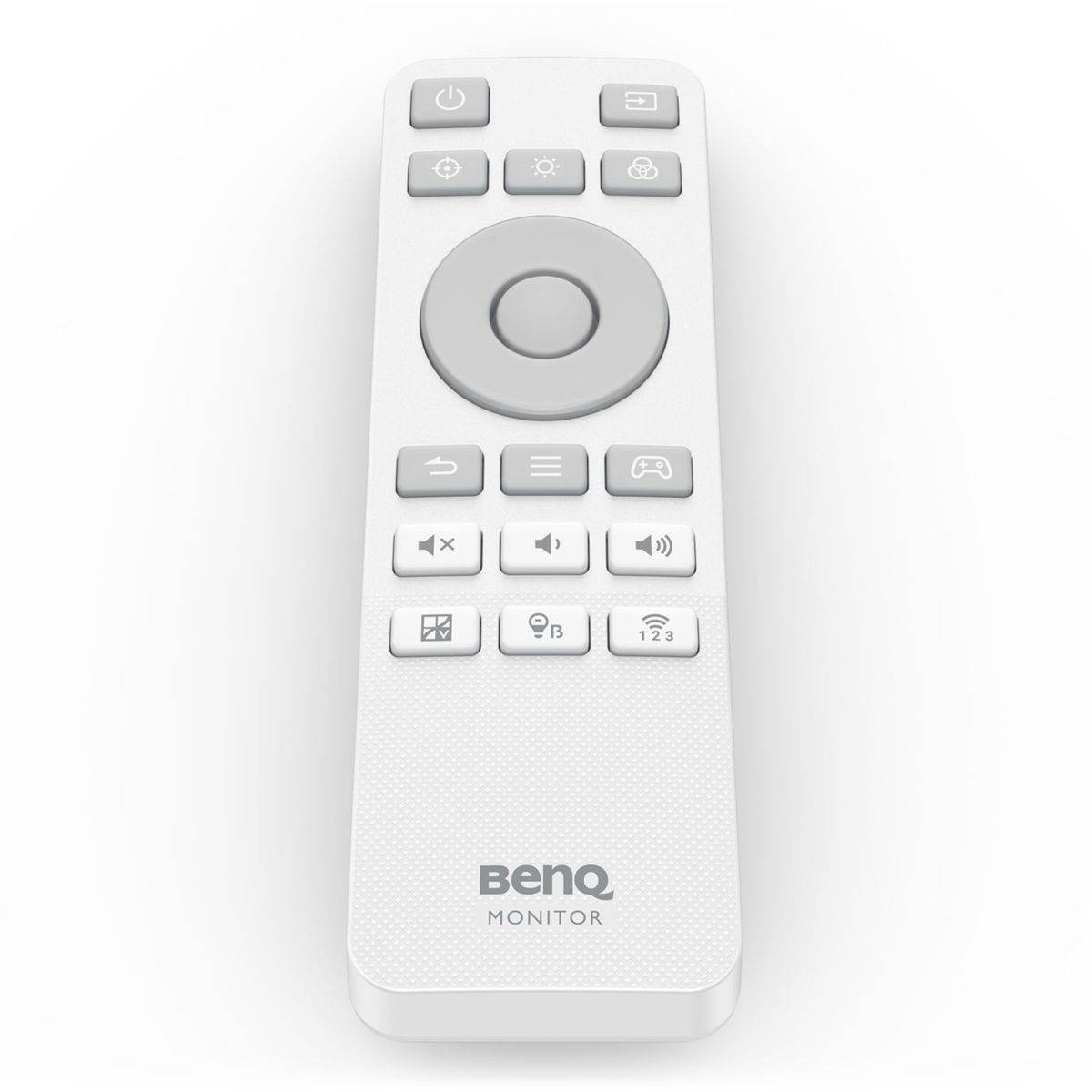 Biały pilot do monitora BenQ z przyciskami nawigacyjnymi, regulatorami głośności i opcjami wejścia.