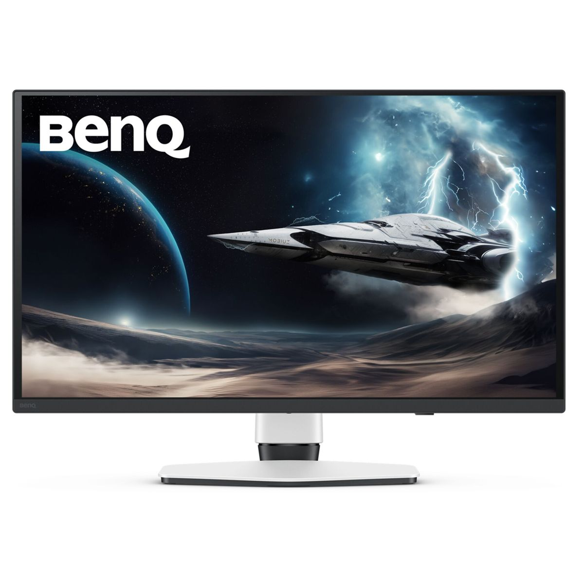 Monitor BenQ wyświetla statek kosmiczny w mgławicy z planetą.