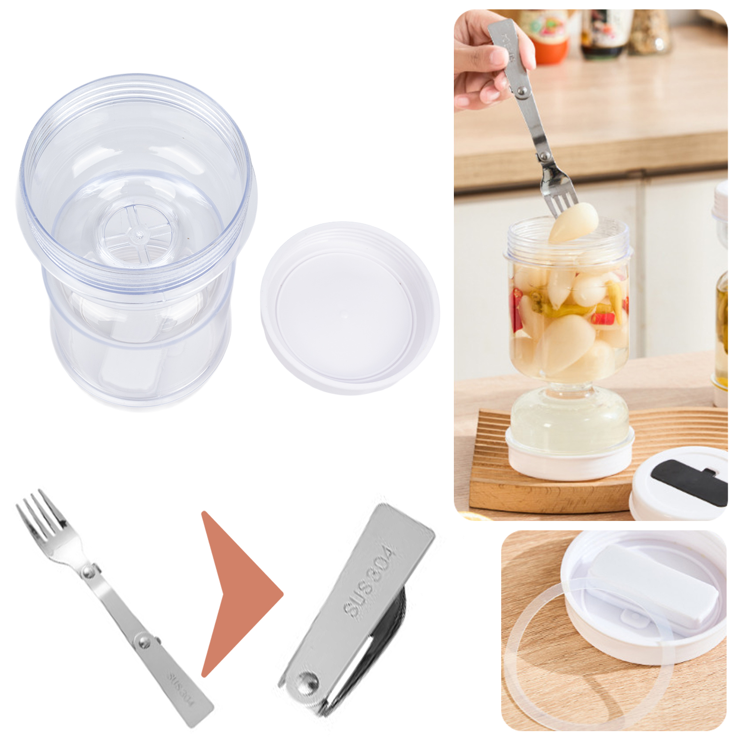 Forchetta pieghevole, barattolo con sottaceti e altri accessori da cucina.