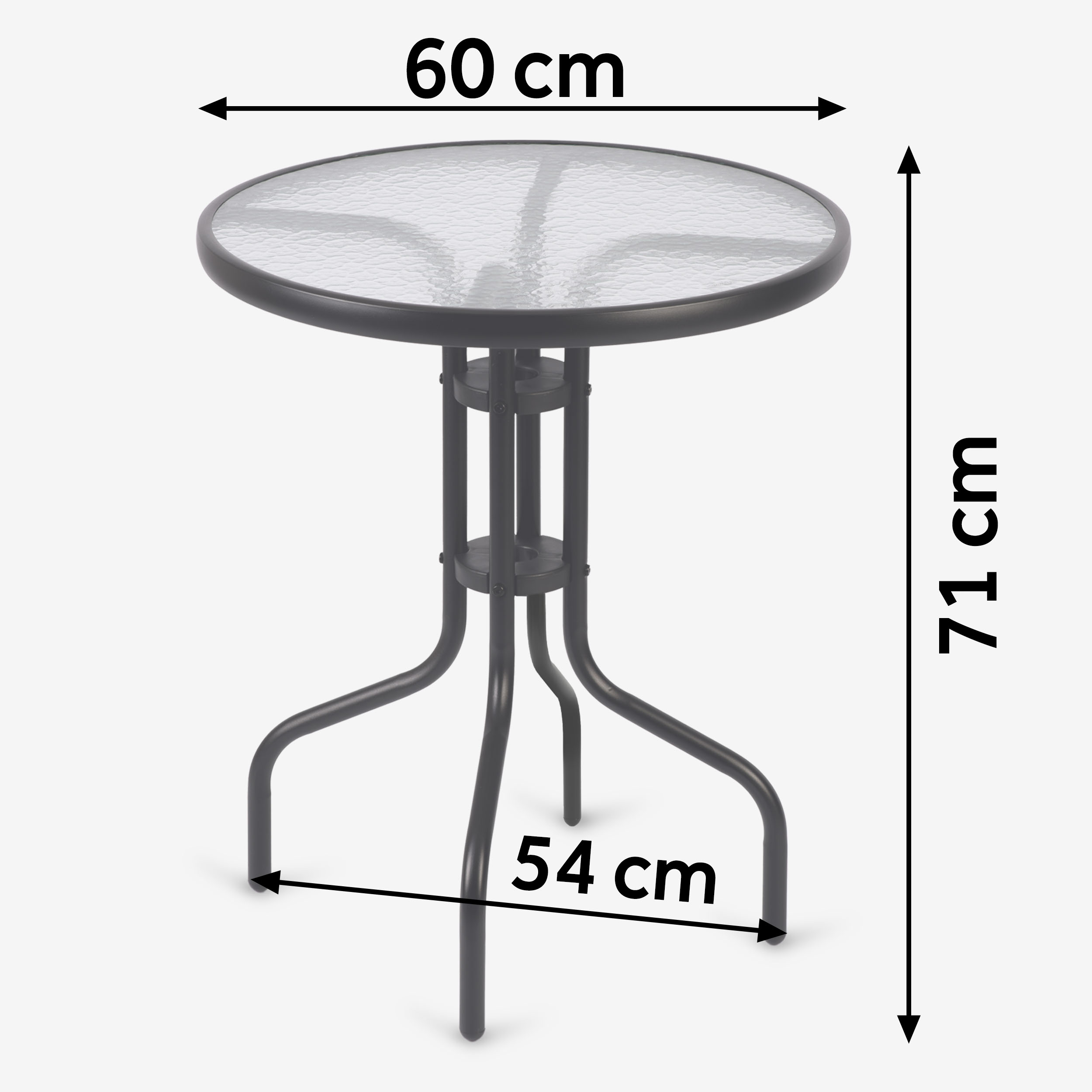 Okrągły stolik ze szklanym blatem i czarną metalową ramą. Szerokość 60 cm, wysokość 71 cm.