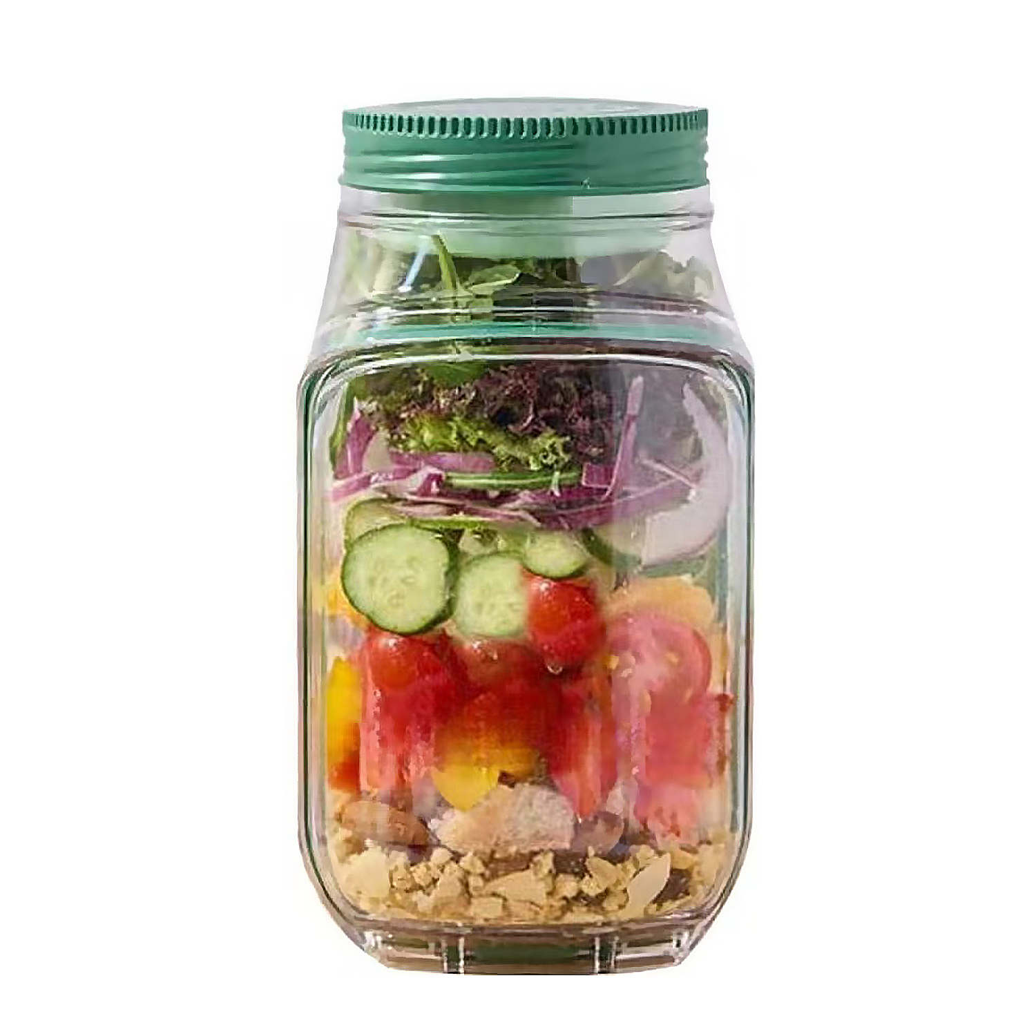 Un tarro de cristal con capas de ensalada, tomates y pepinos.