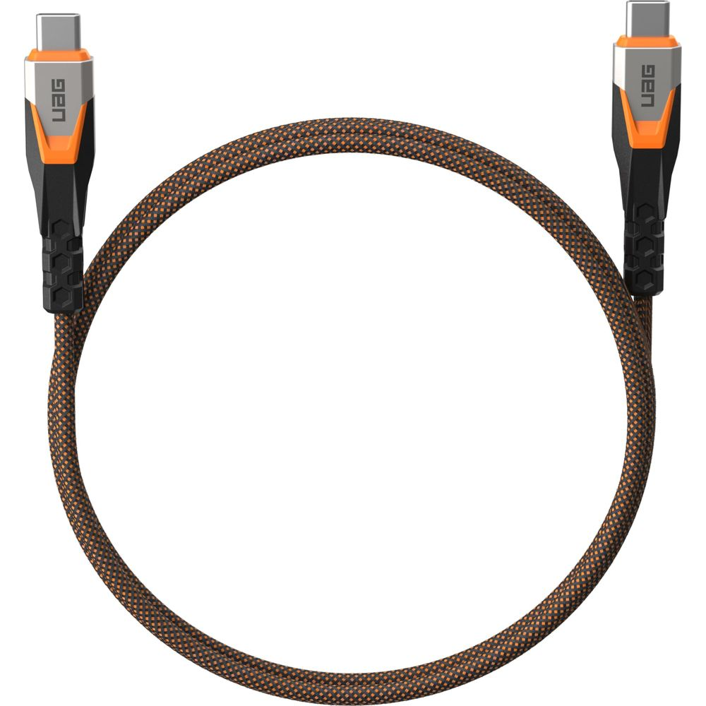 Kabel ładujący USB-C z pomarańczowo-czarnymi złączami i plecionym kablem.