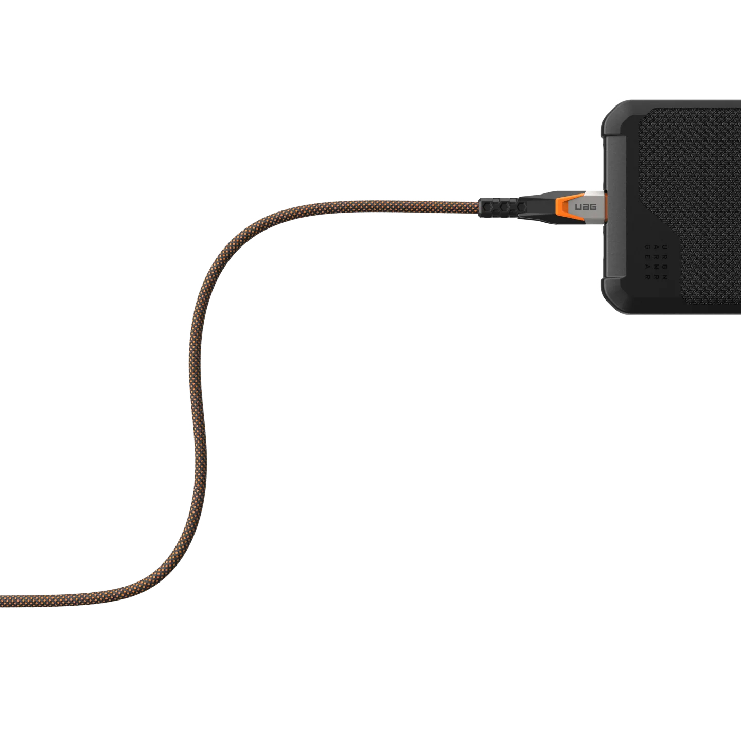 Czarno-brązowy kabel USB podłączony do czarnego urządzenia UAG.