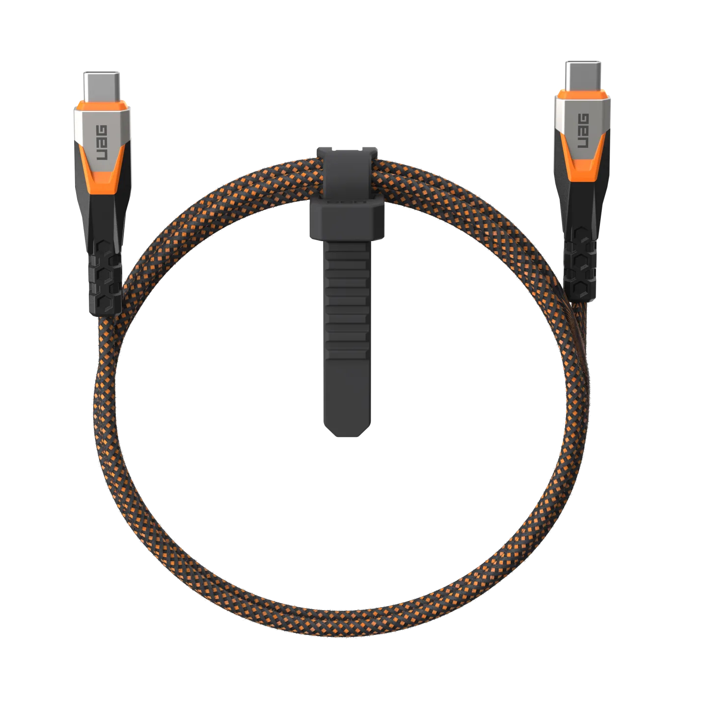 Kabel USB-C we wzór pomarańczowo-czarny, trzymany przez czarny klips.