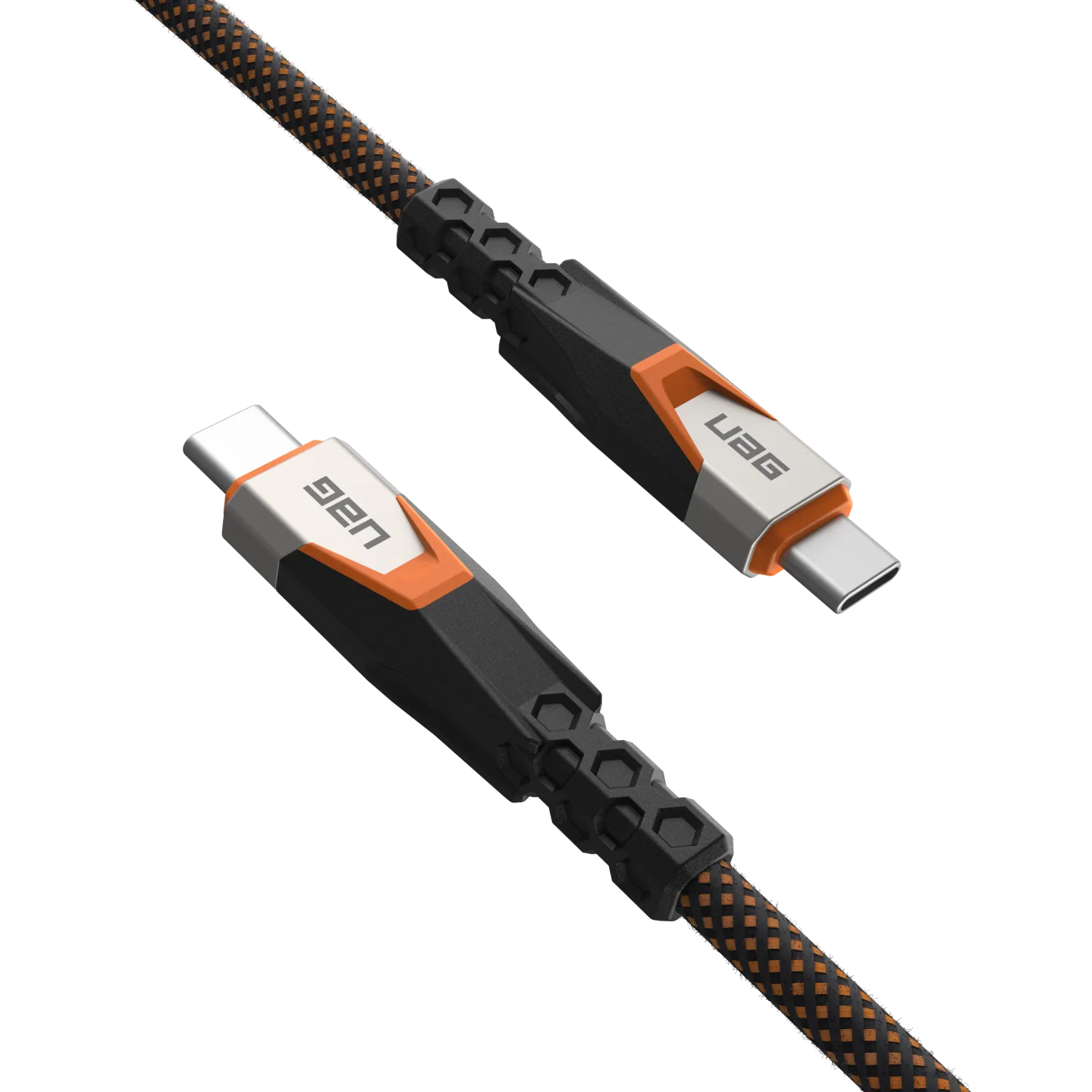 Czarny i pomarańczowy kabel USB-C z dwoma złączami skierowanymi do góry.