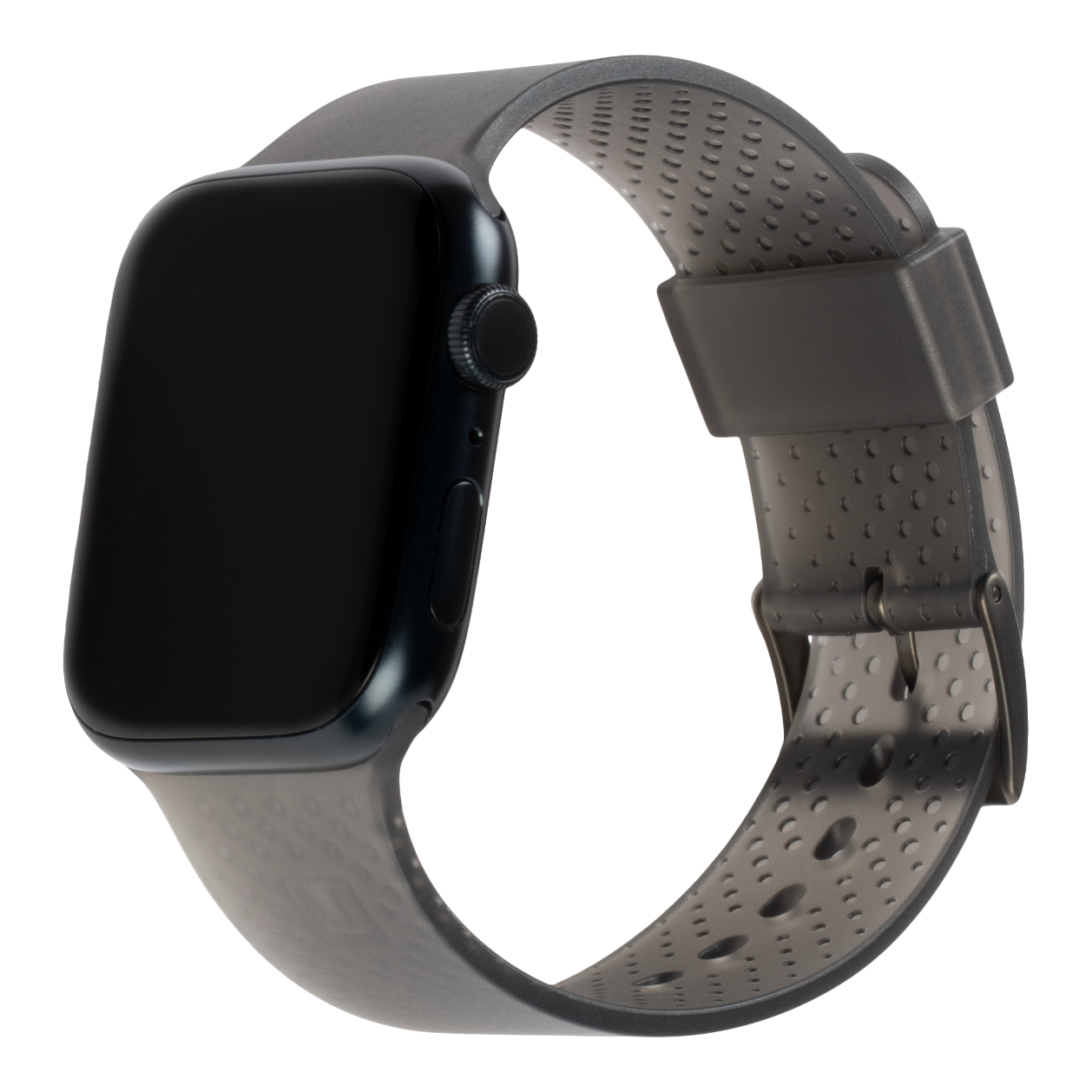 Ciemny smartwatch z czarnym ekranem i szarą, perforowaną bransoletą.