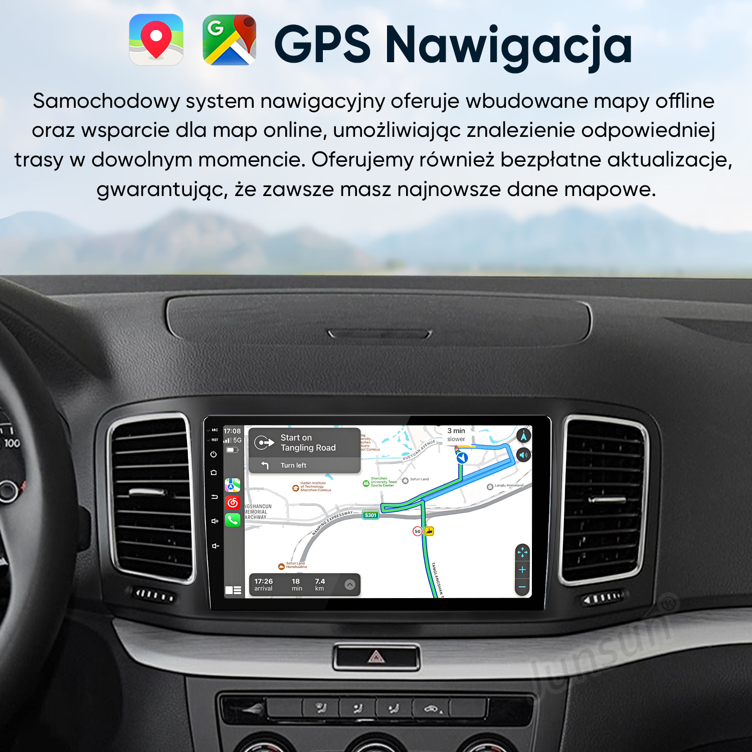Deska rozdzielcza samochodu z ekranem nawigacji GPS. Nawigacja na mapie.