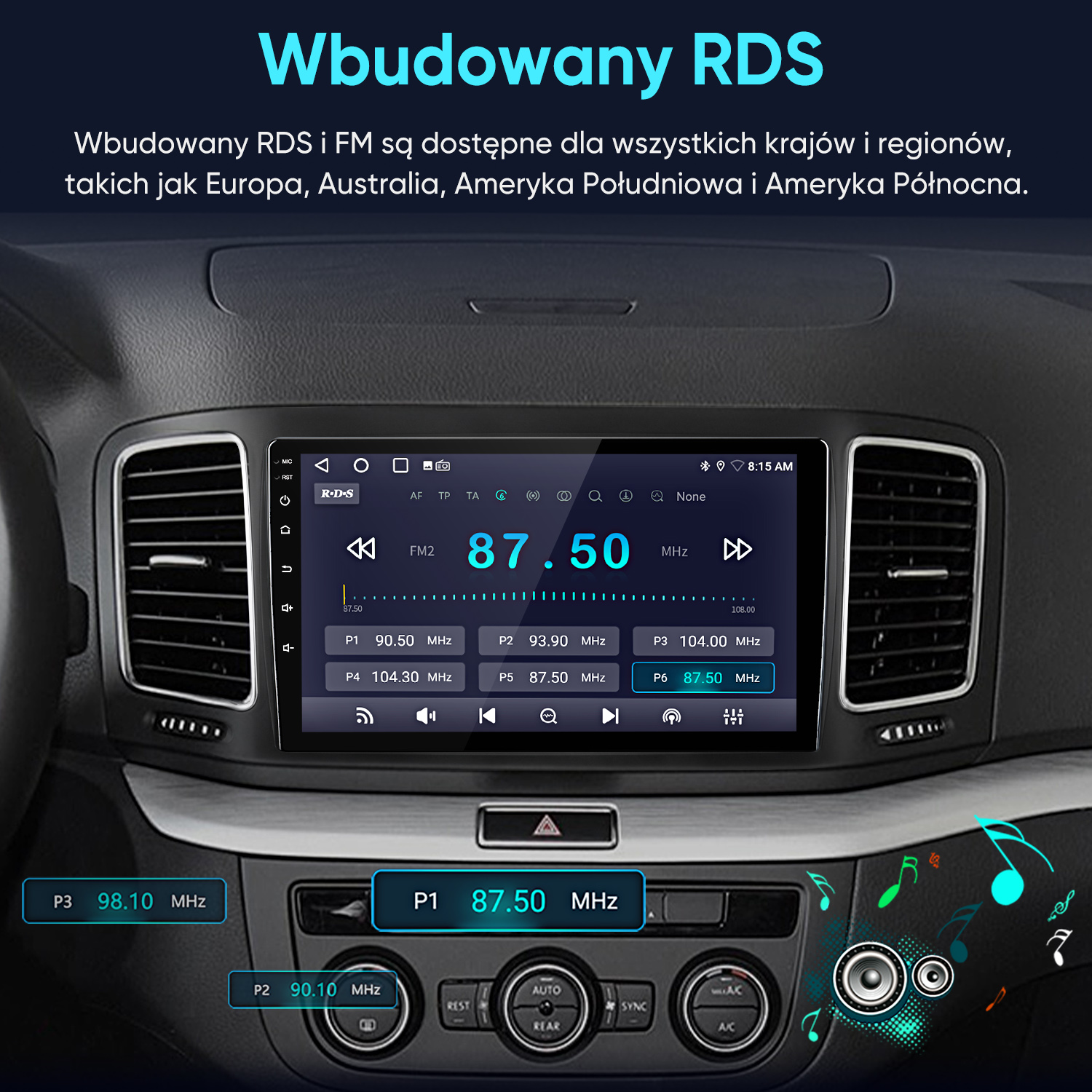 Ekran radia samochodowego wyświetla informacje RDS i stacje.