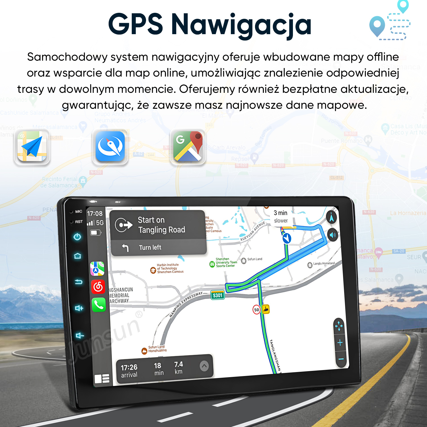 Nawigacja GPS wyświetla trasę na mapie z informacjami o ruchu drogowym i czasie przyjazdu.