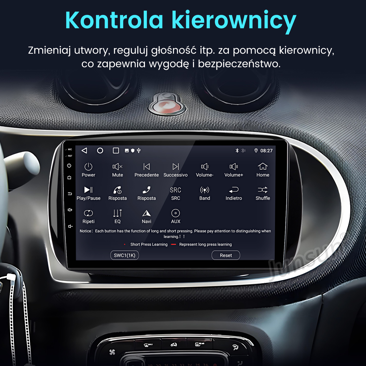 Nowoczesny ekran dotykowy radia samochodowego z ikonami i funkcjami.