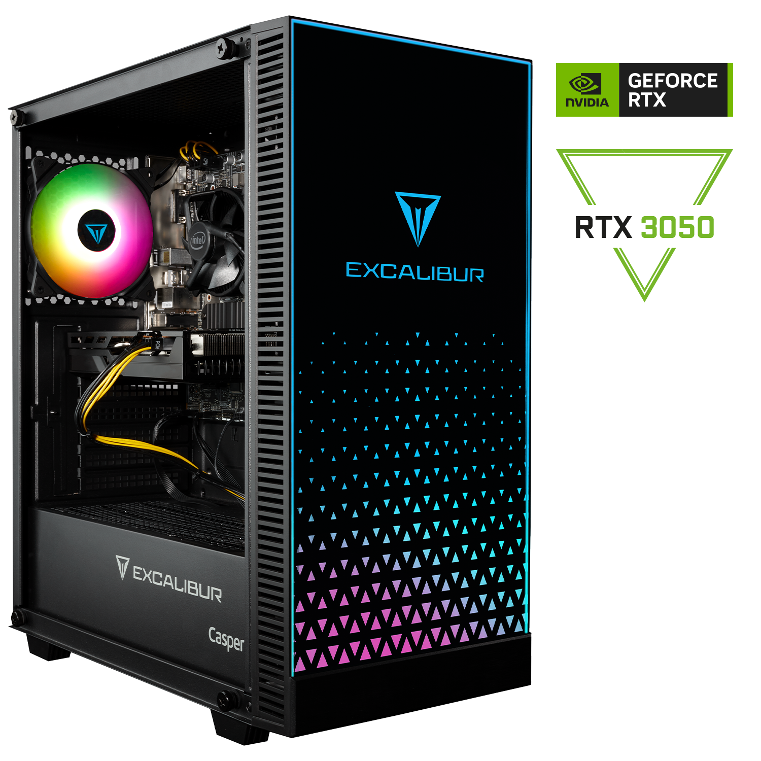 RGB fanlı, Nvidia RTX 3050'li ve Excalibur logolu açık oyun bilgisayarı.