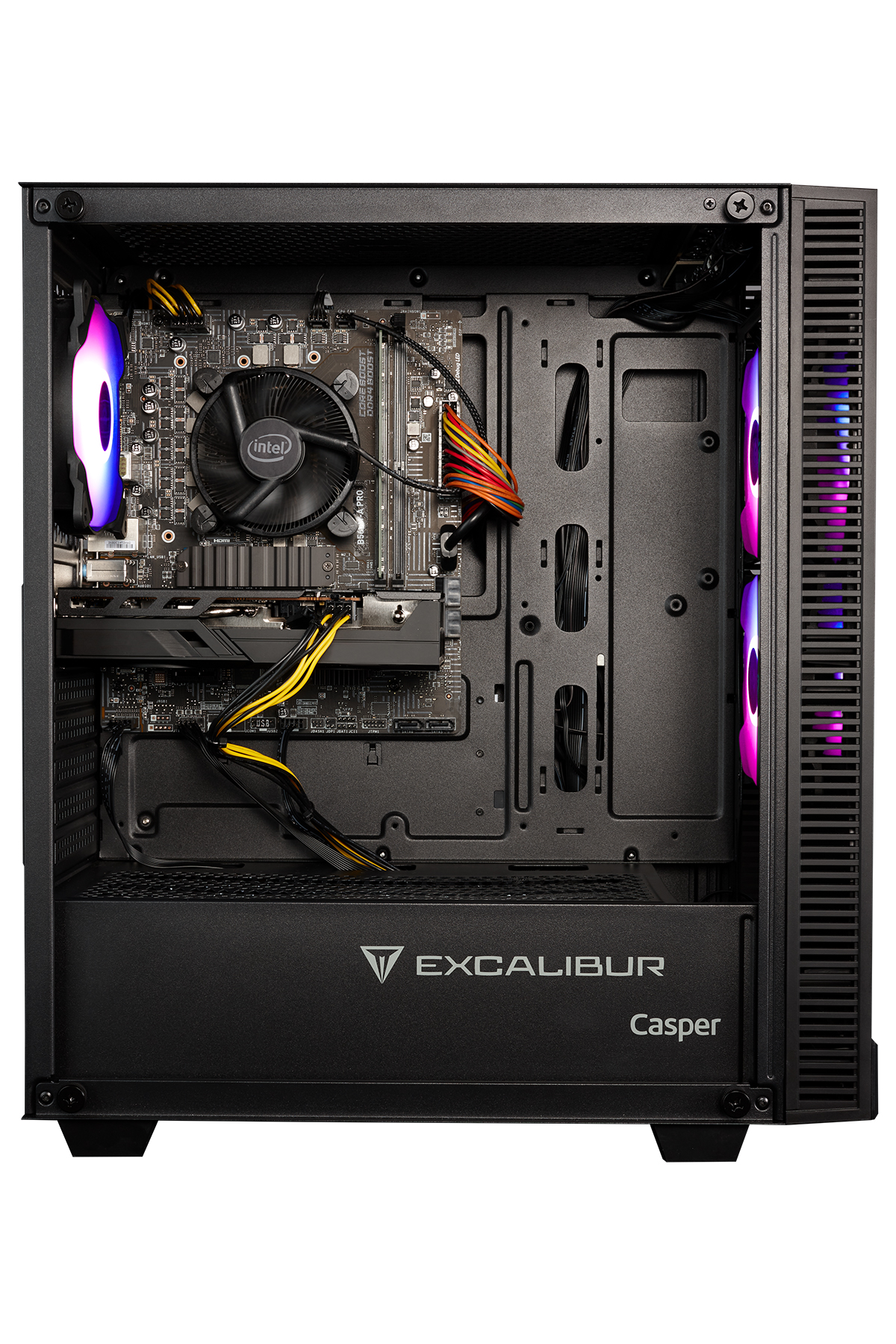 İç bileşenleri ve RGB fanları gösteren açık siyah bir bilgisayar kasası.