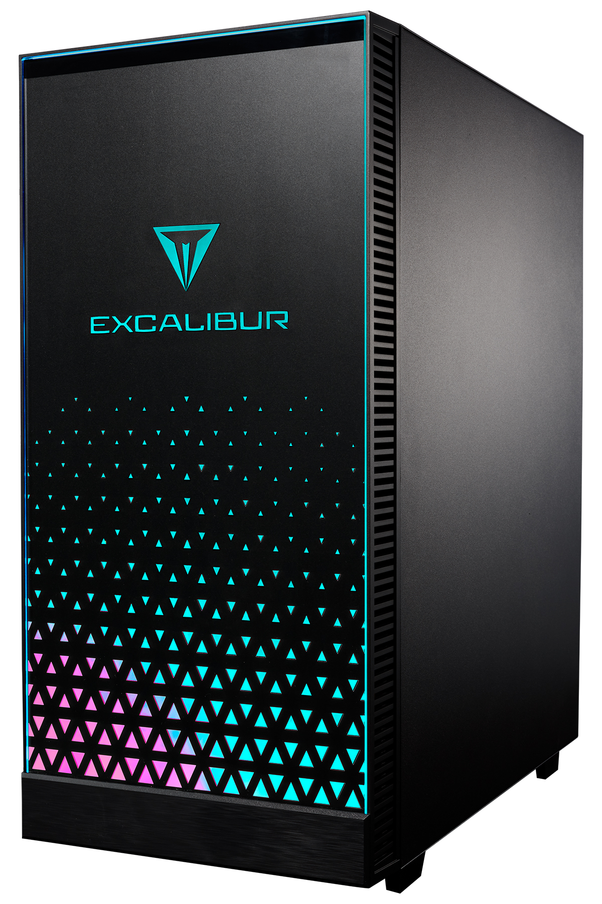 Excalibur logolu siyah PC kasası ve mavi-pembe üçgen aydınlatma.