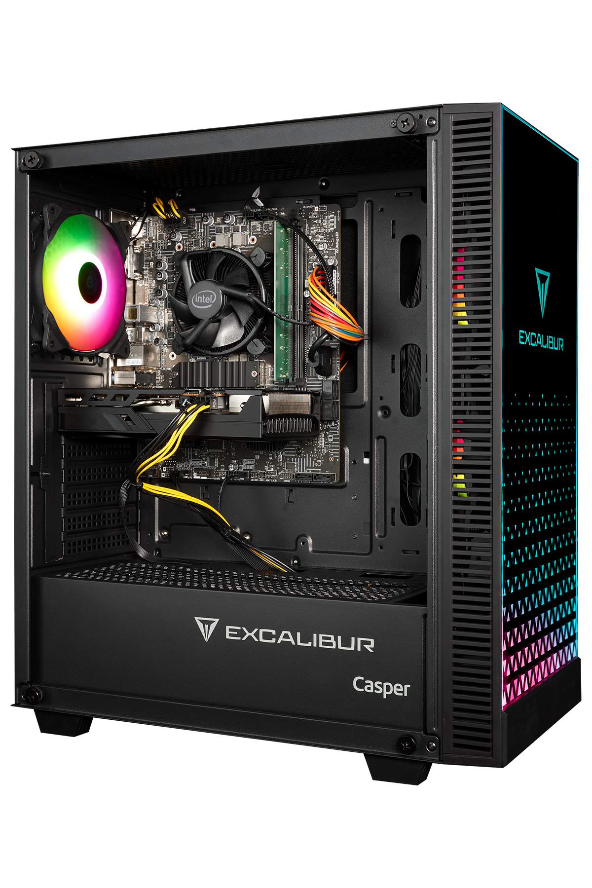 Excalibur markalı, RGB fanlı, iç bileşenleri görünen açık siyah PC kasası.