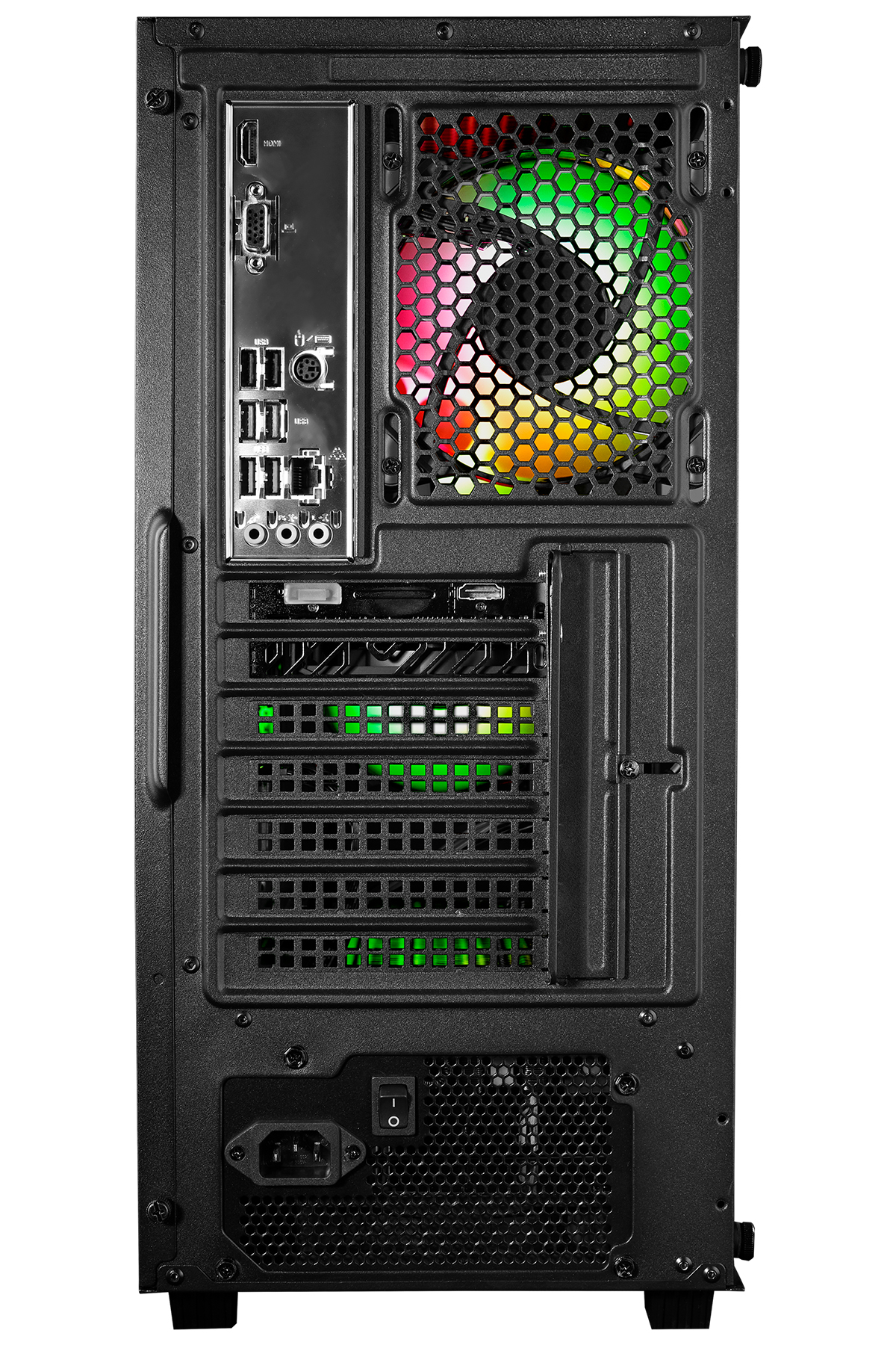Bağlantı noktaları, fanlar ve güç anahtarı gösteren siyah PC kasasının arkası.
