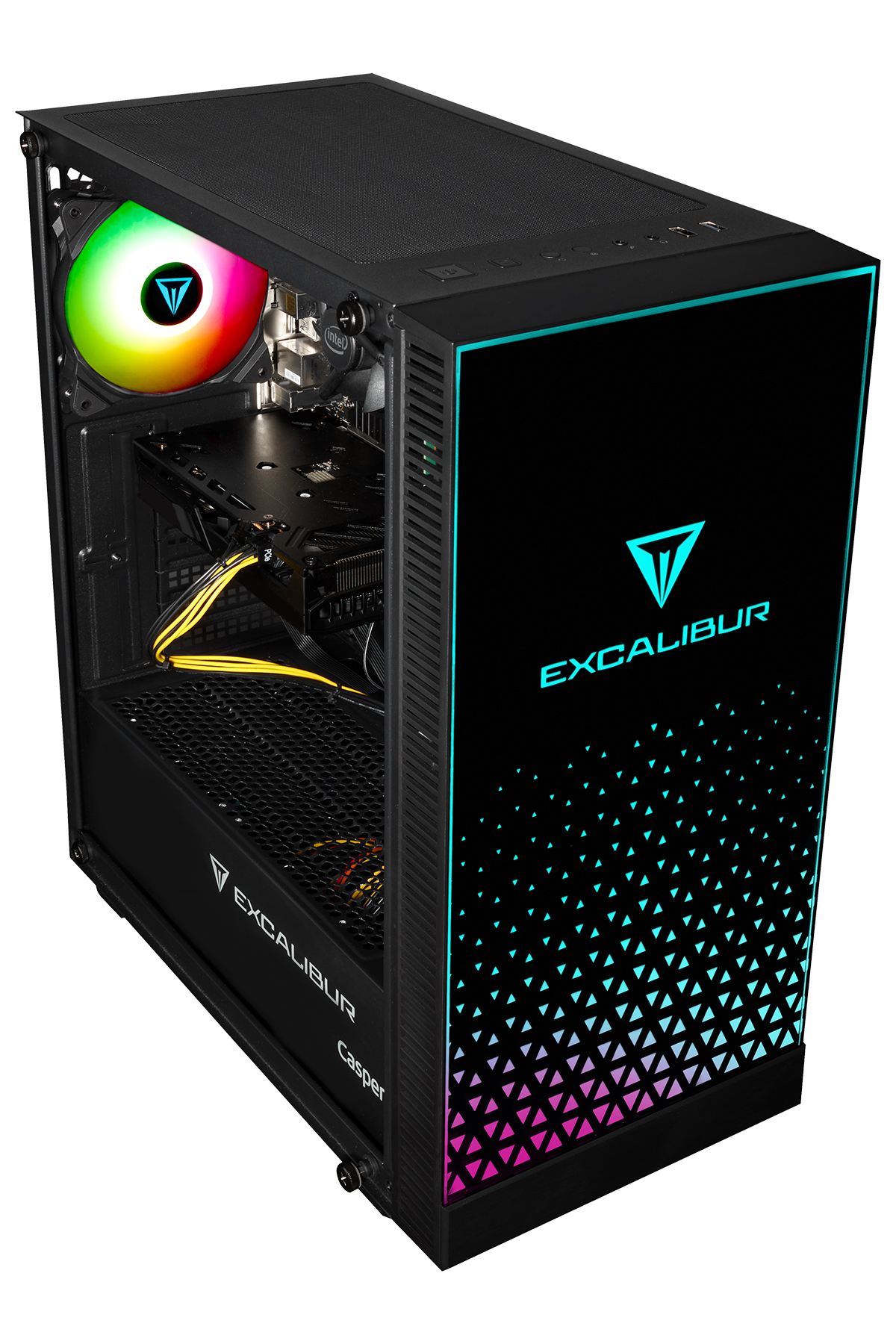 RGB fanlı ve ön panelde üçgen desenli siyah bilgisayar kasası.