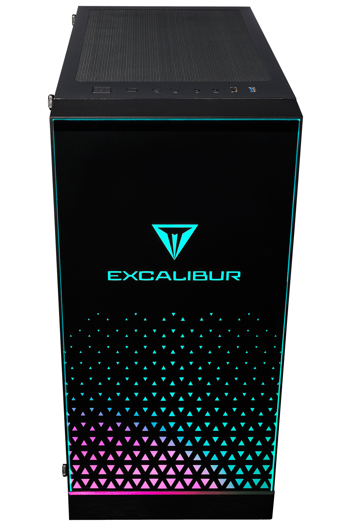 Mavi-pembe üçgen desenli aydınlatmalı ve "EXCALIBUR" logolu siyah PC kasası.